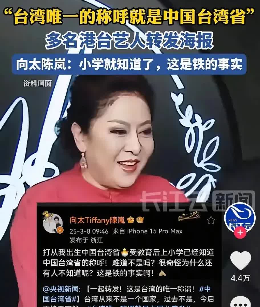 最近，不少港台艺人纷纷转发了一条内容：“台湾唯一的称呼就是中国台湾省”，其中向太