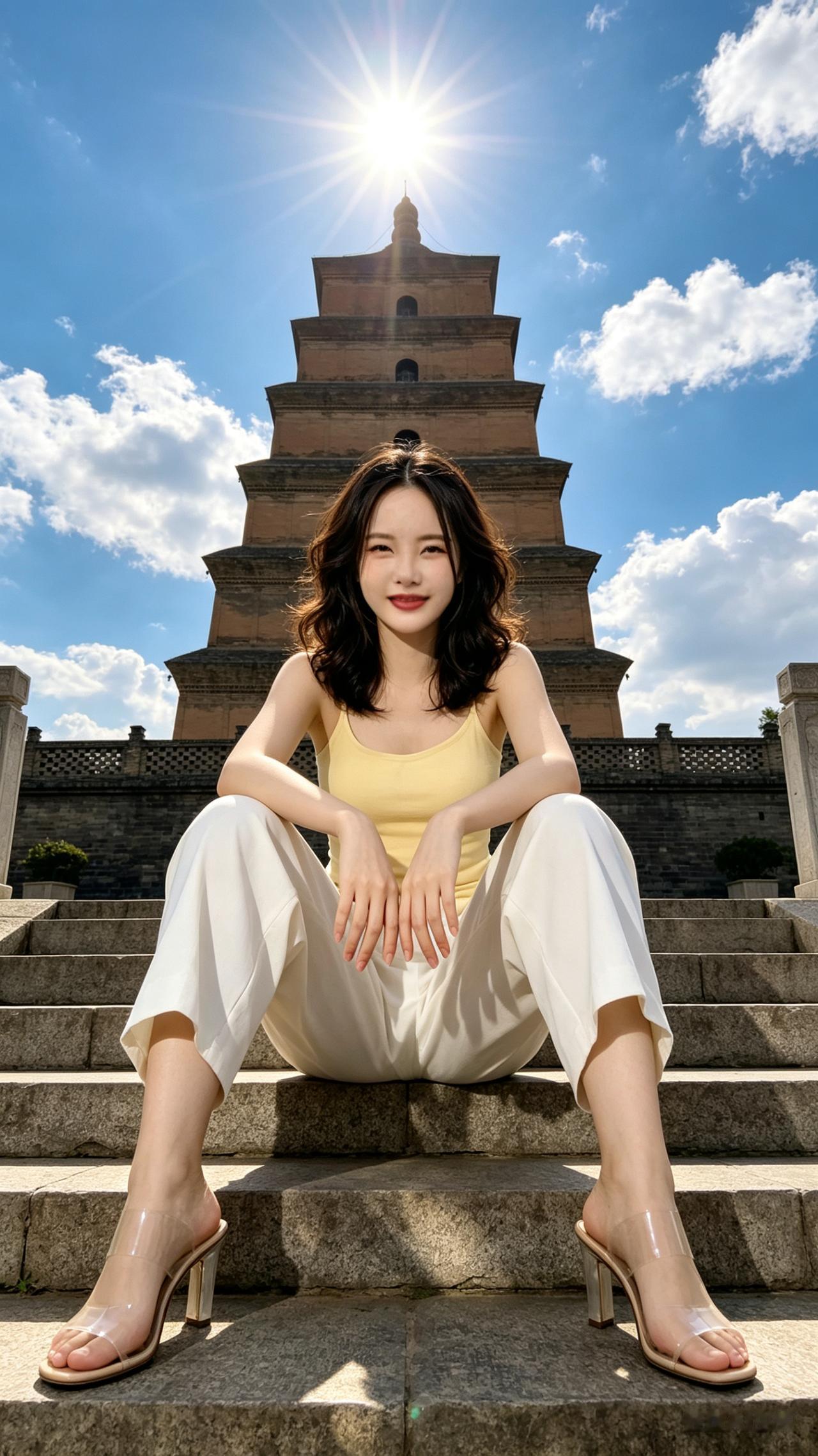 清冷卷发女子坐大雁塔石阶，PVC高跟，正午星芒逆光，建筑几何阴影，蓝天白云古塔棕