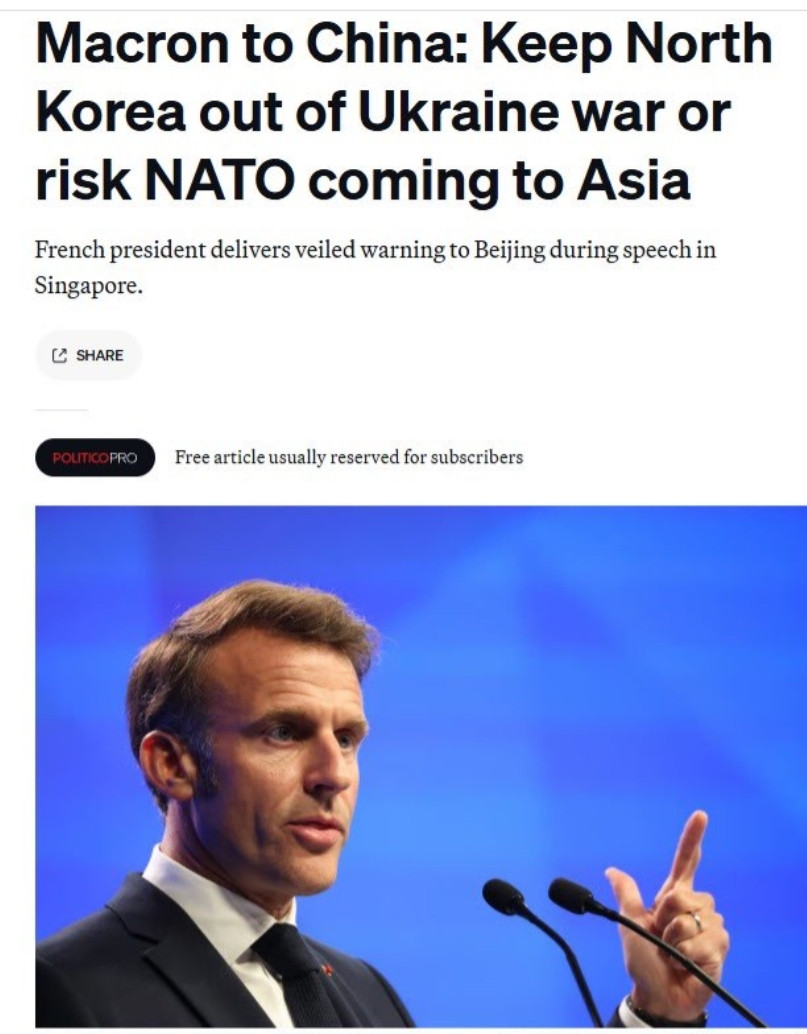 法国总统马克龙星期五在香格里拉对话发表主旨演讲时称，“朝鲜士兵在俄乌的欧洲战场上
