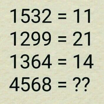 这是数字规律谜题！看1532=11、1299=21、1364=14