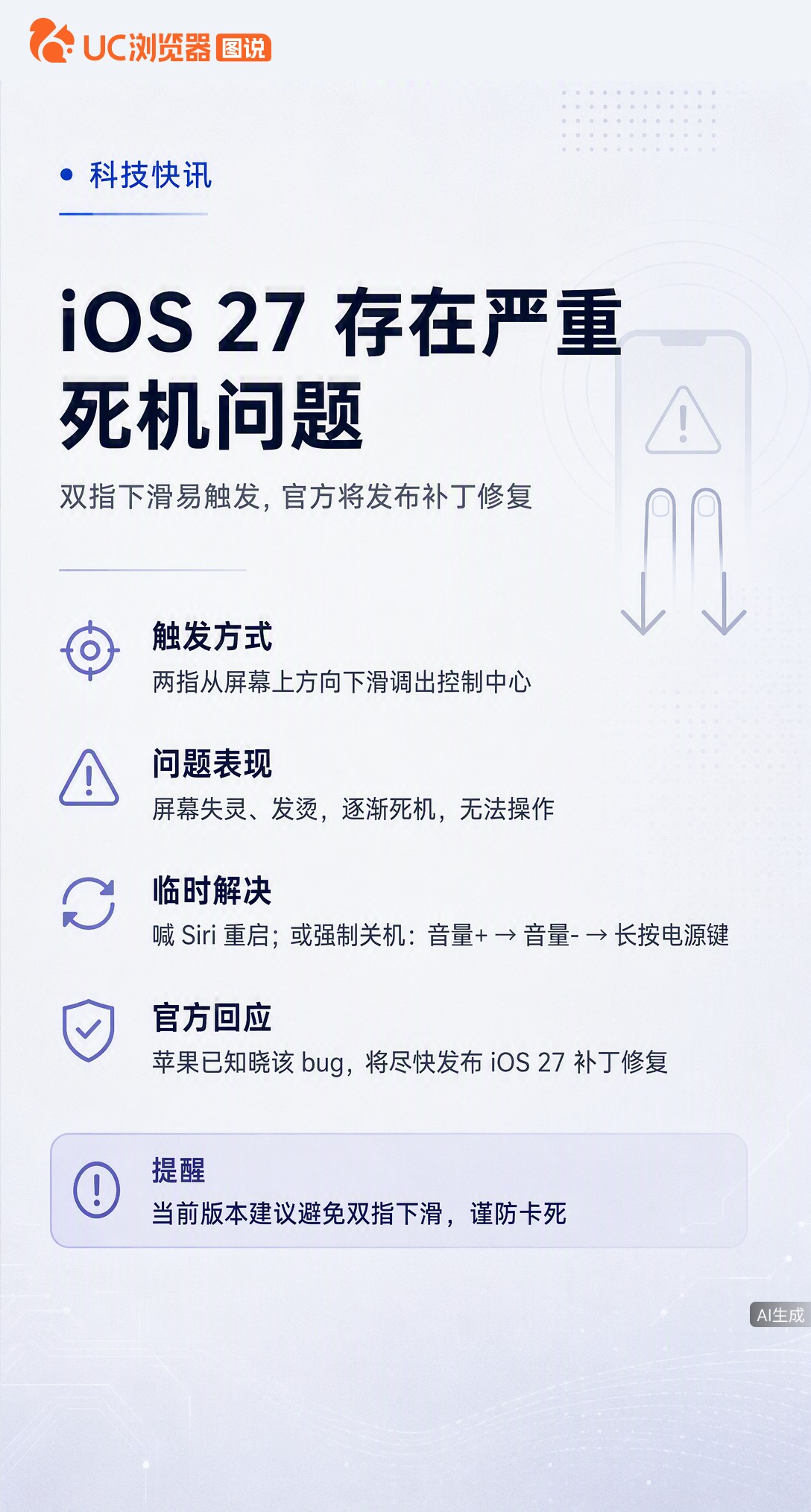 iOS27流畅度刚获好评，却曝出严重死机bug：双指下滑调控制中心就失灵发烫。目前只能靠Siri或强