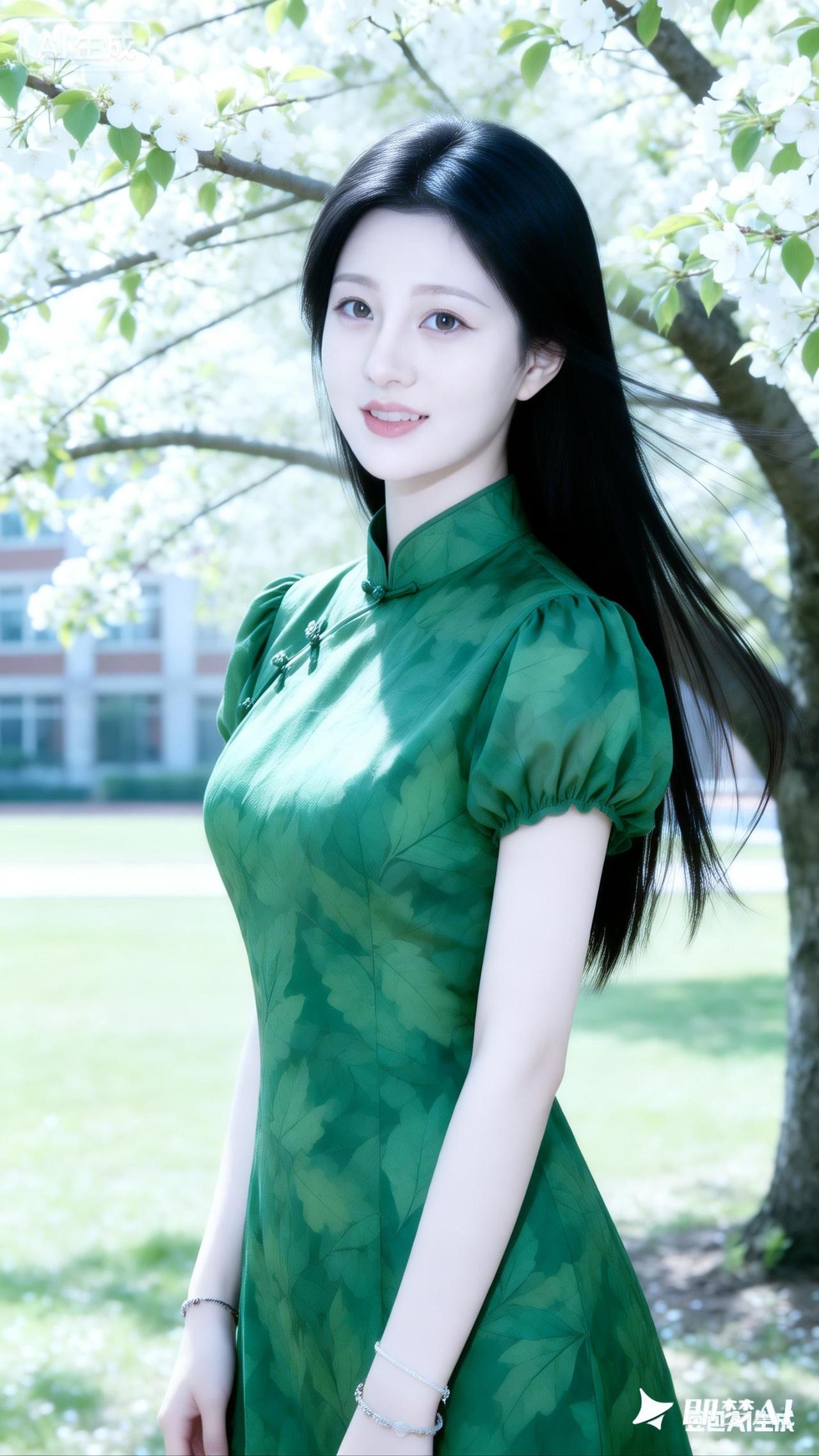 春日绿意盎然，少女清新脱俗