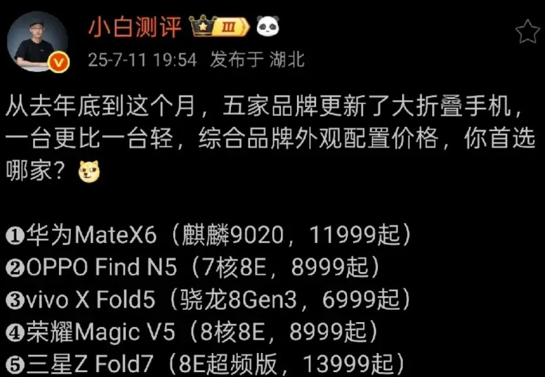 万万没想到，华为的的得票这么差！近日，小白测评针对各厂家最新的大折叠手机展开