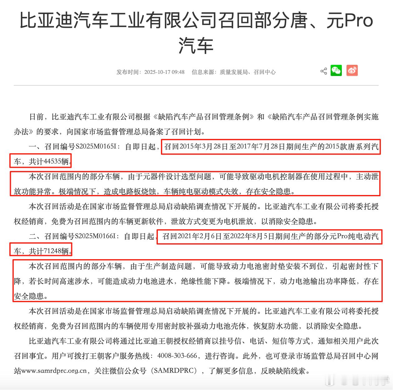比亚迪今天有两个召回，一共设计到11.57万台车：1、2015款唐系列汽车