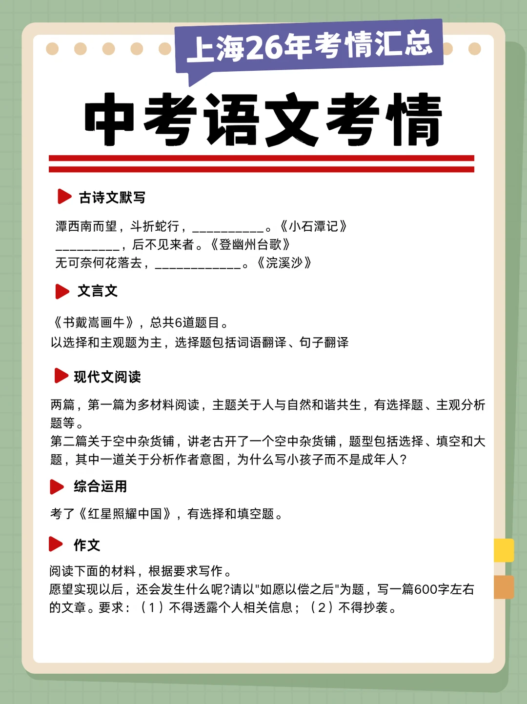 ‼️上海中考26年考情全科汇总‼️