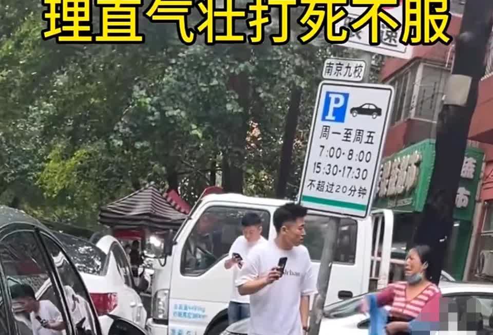 男子的汽车停靠路边，一大妈骑电动车时撞上路边的汽车，车门都被撞的凹进去变形。男子