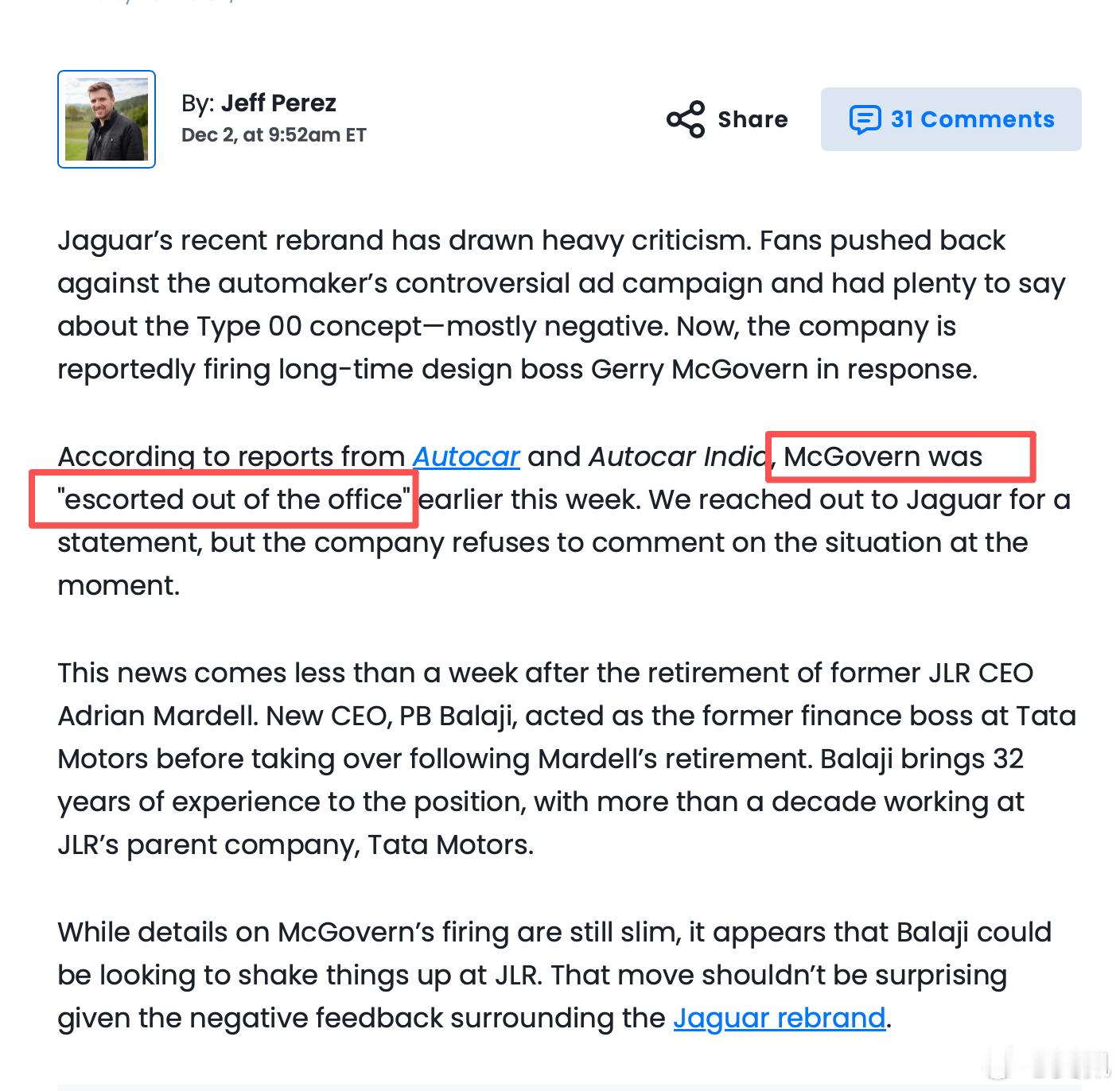 印度人来整顿职场了？捷豹路虎设计老大GerryMcGovern在上班途中被请出