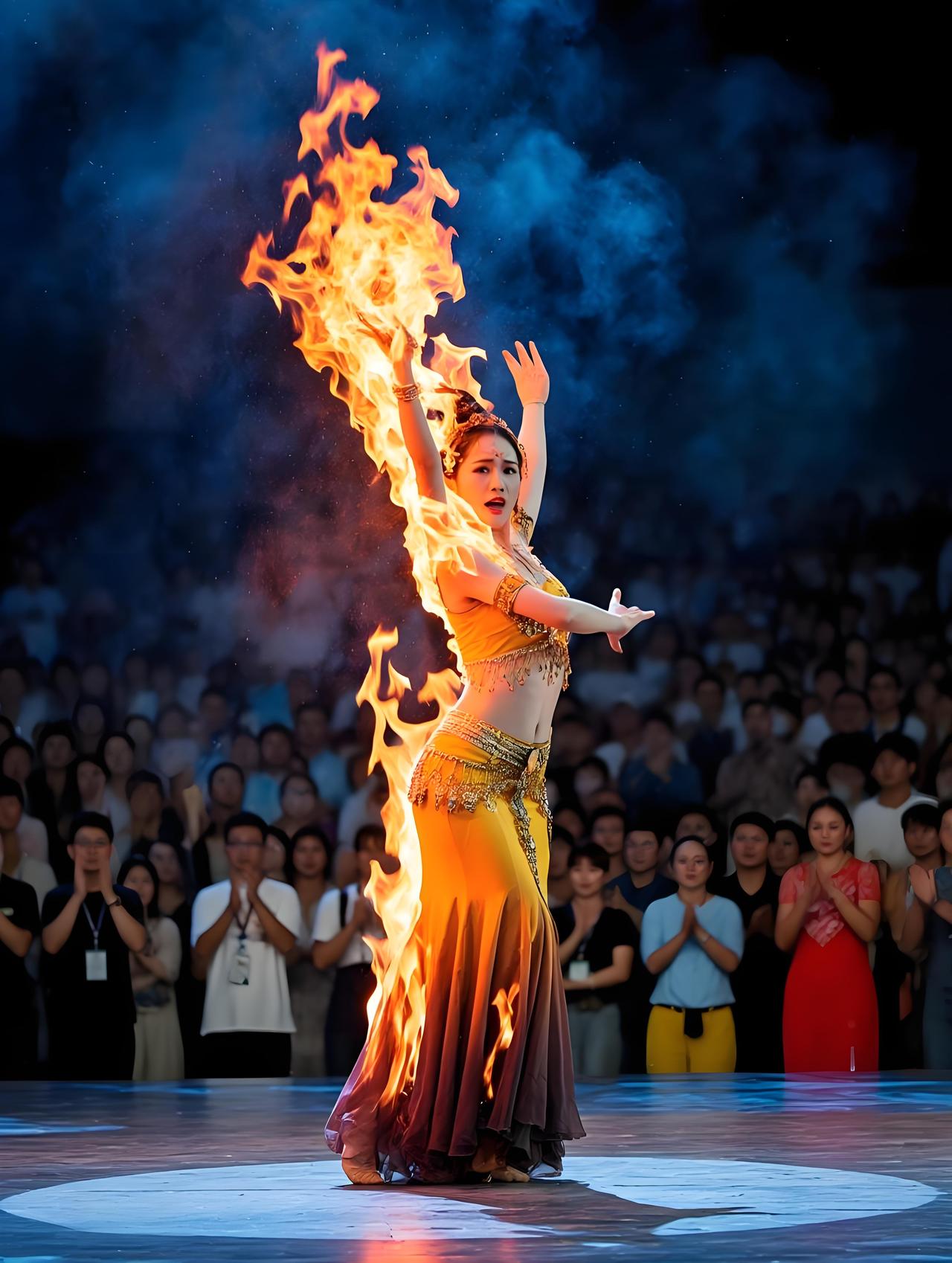 昆明吾悦广场的火裙舞表演，女演员裙子被烧，场面一度十分紧张。这让我想起了小时候看