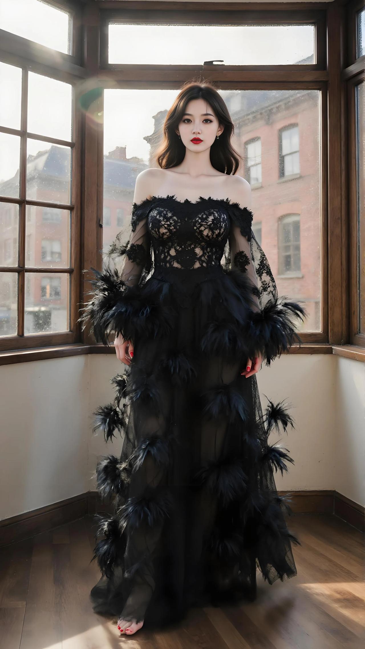 窗棂框住云影，她身着墨色蕾丝与羽毛织就的夜，吊带轻锁香肩，纱裾漫过木地板，像把旧