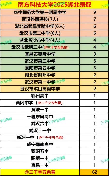 南方科技大学在湖北省共招录了62人，录取前四名全部被武汉四大名高占据，其中华