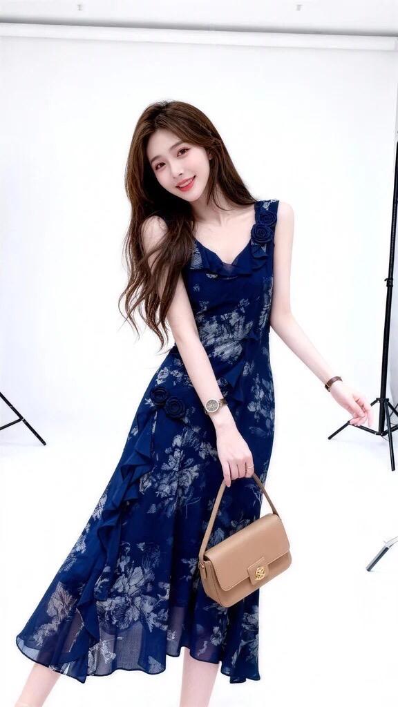 仙女吊带连衣裙鱼尾吊带连衣裙同款蓝色连衣裙无袖鱼尾连衣裙吊带鱼尾连衣裙