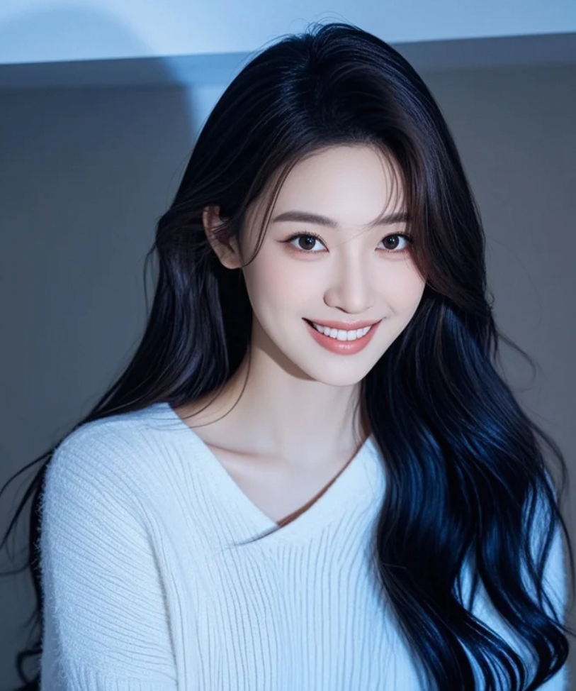 深灰色背景下优雅长发美女的蓝光风采