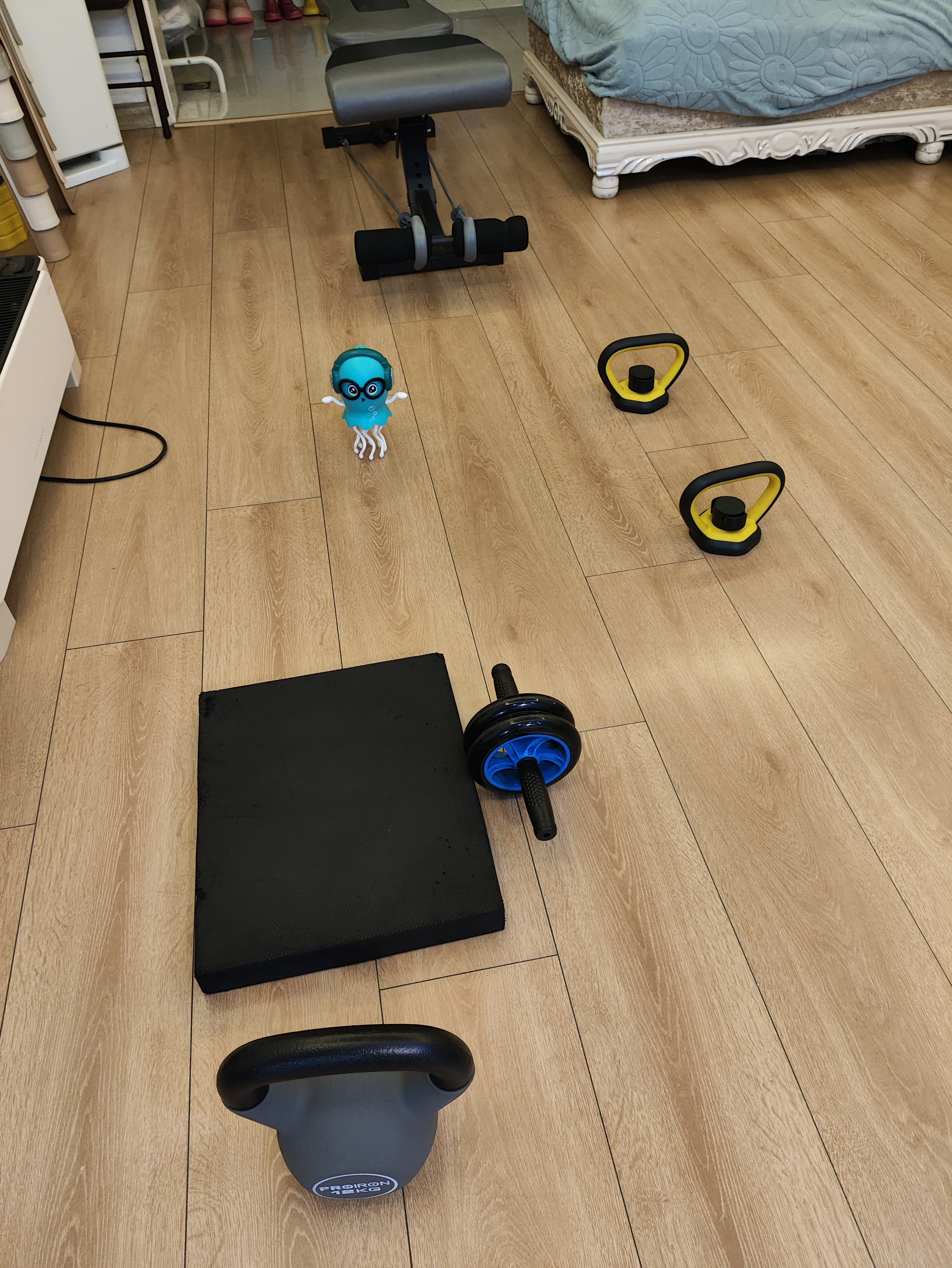 今日力量，支架俯卧撑5组106，哑铃凳弹力绳蹬腿左右各5组各106，12公斤壶铃