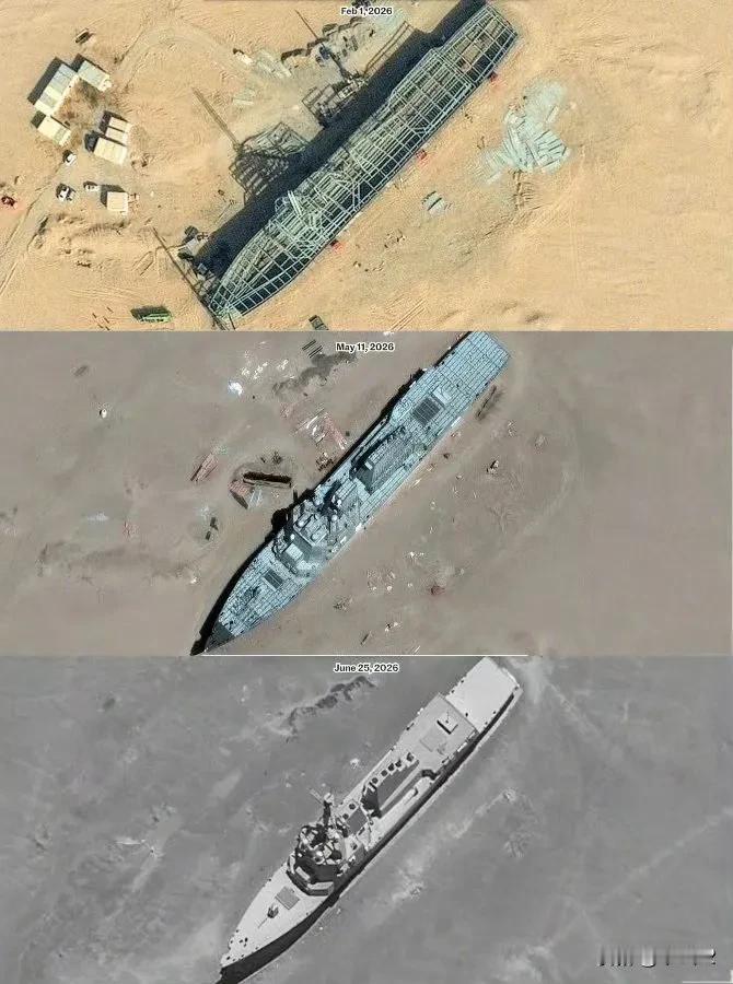 沙漠里建的“沙漠伯克驱逐舰”越来越精致应该不是直接当靶子用，可能是雷达特征扫