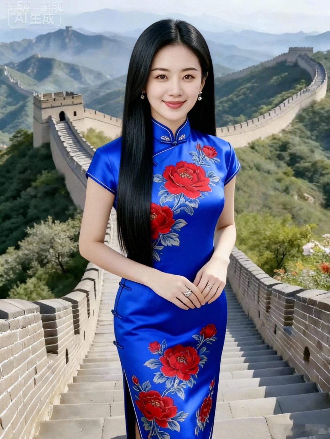 在长城上遇见你，蓝衣红花的惊艳