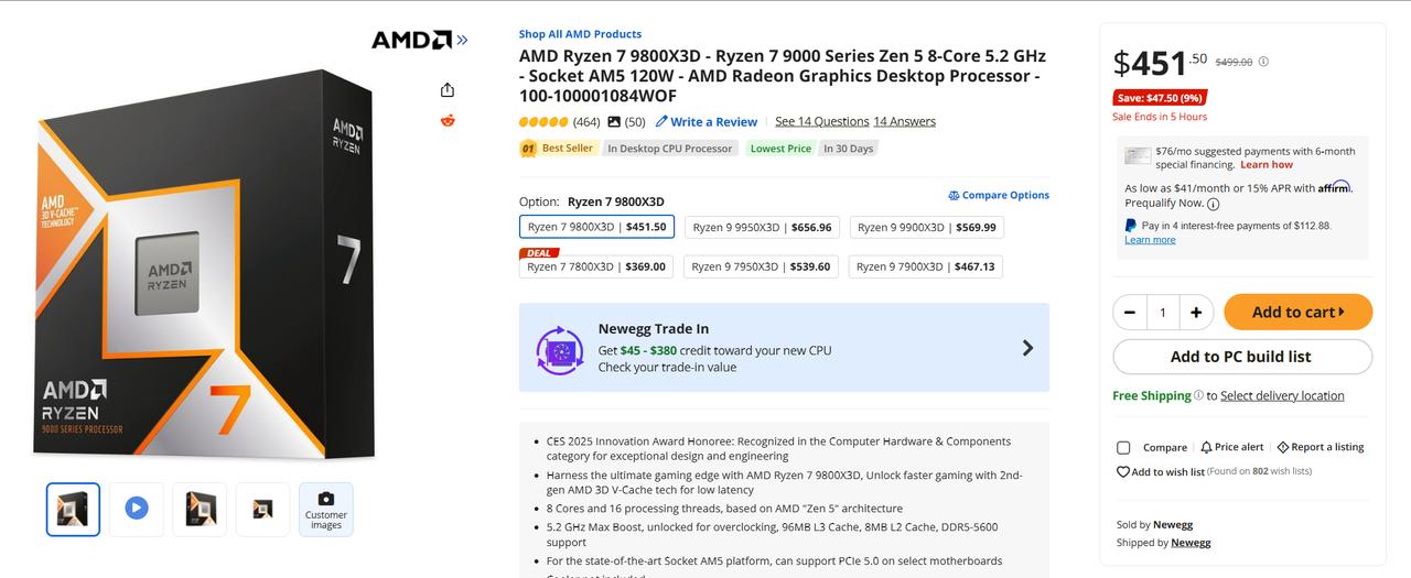 【AMD9800X3D降至历史最低价】AMD锐龙79800X3D自去年11月