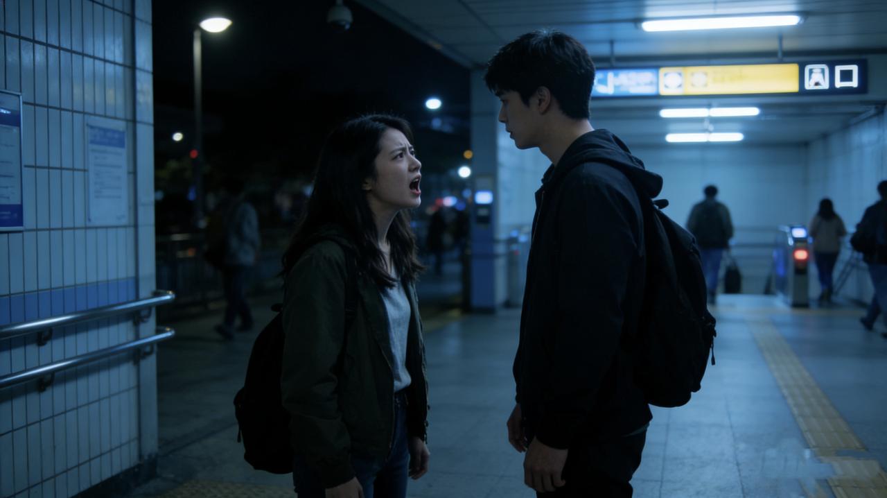 深夜十一点，地铁站出口，一对小情侣在吵架。女孩大声道：“咱俩在一起三年，你送过