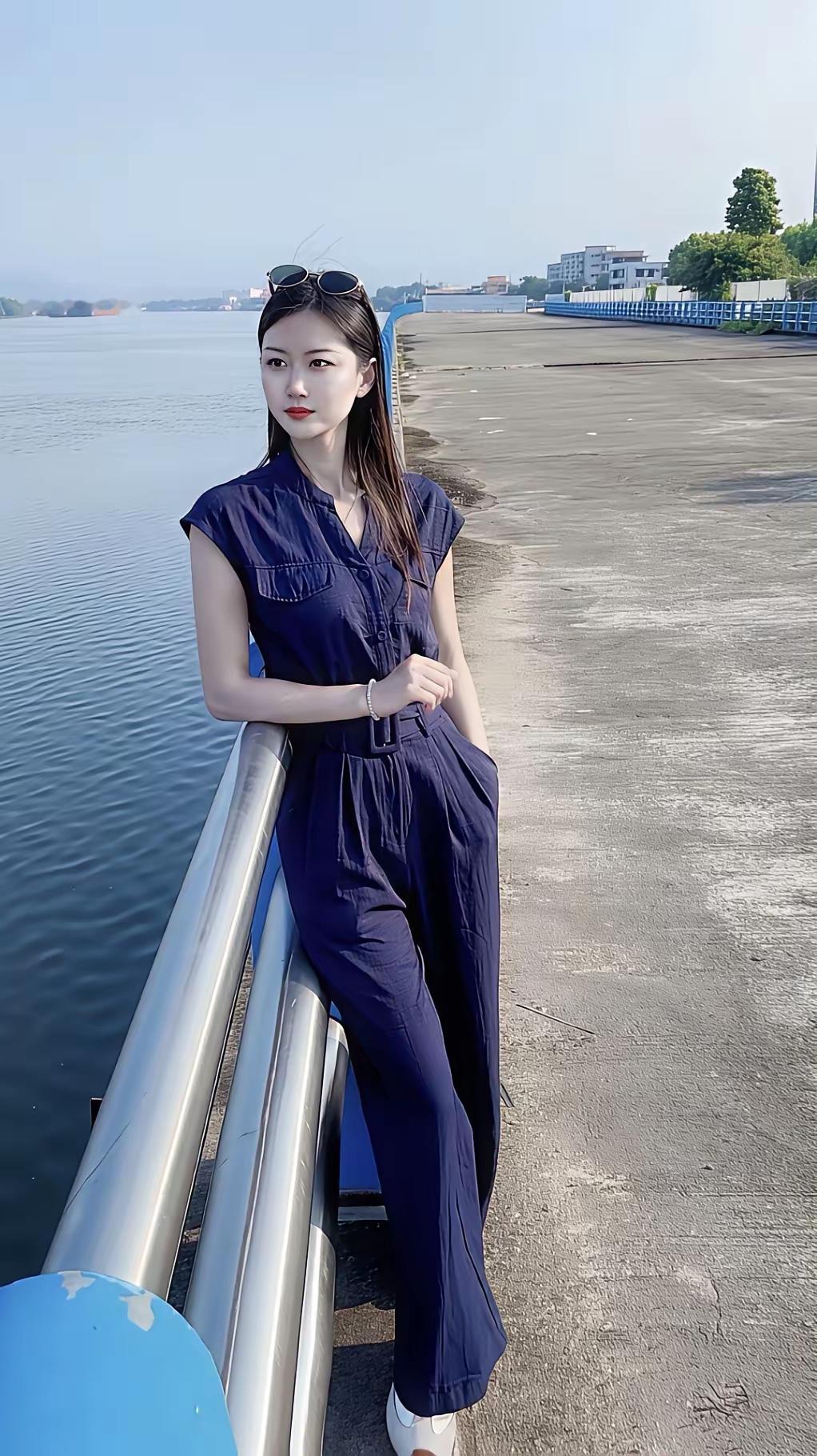 女孩靠在河边栏杆上，看着远方。