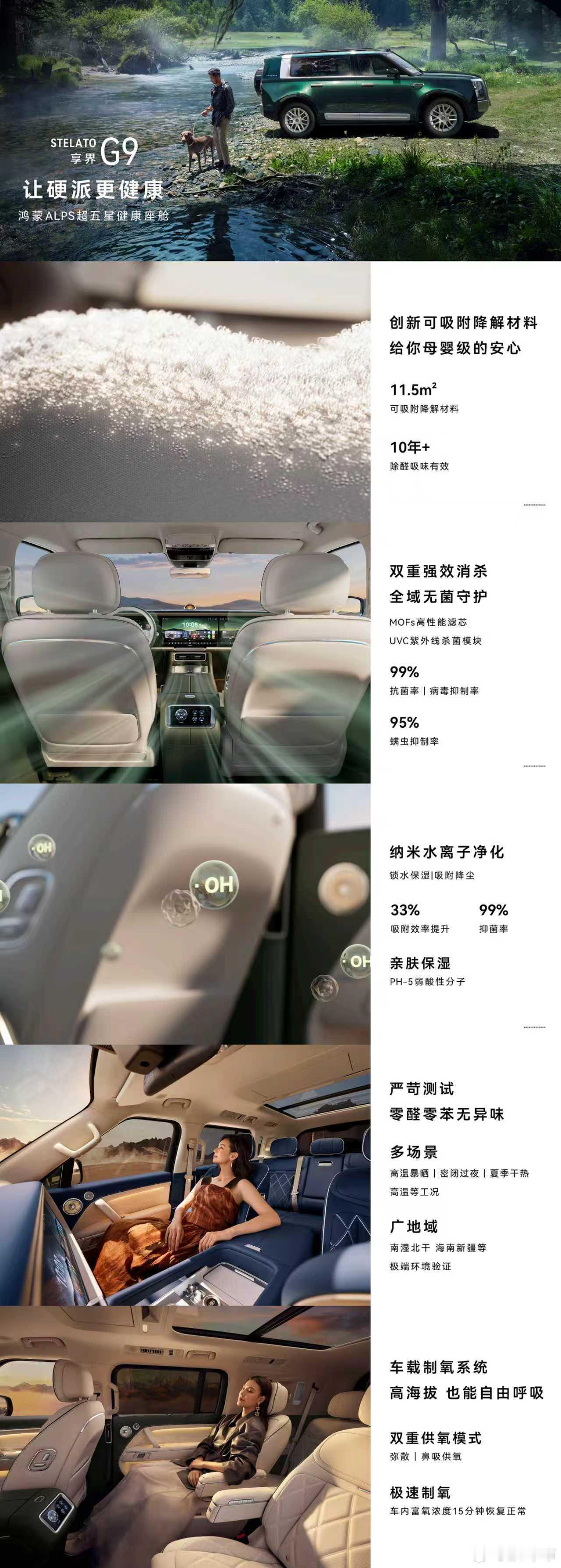 享界G9发布会享界G9搭载鸿蒙ALPS超五星健康座舱，采用创新可吸附降解材料，