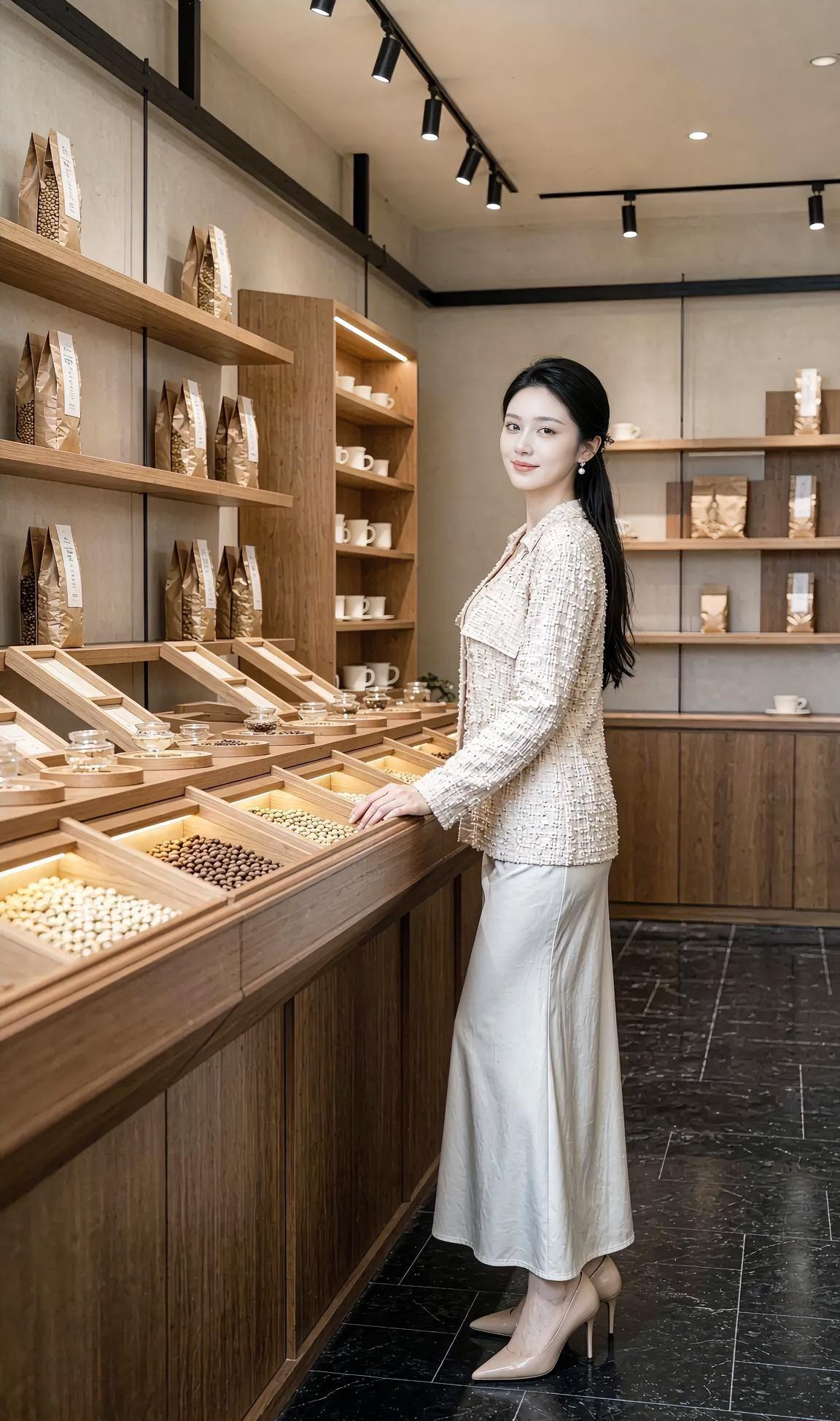 《木香里的温柔回响》暖光轻抚木架，谷香漫过时光。你静立质朴柜台，