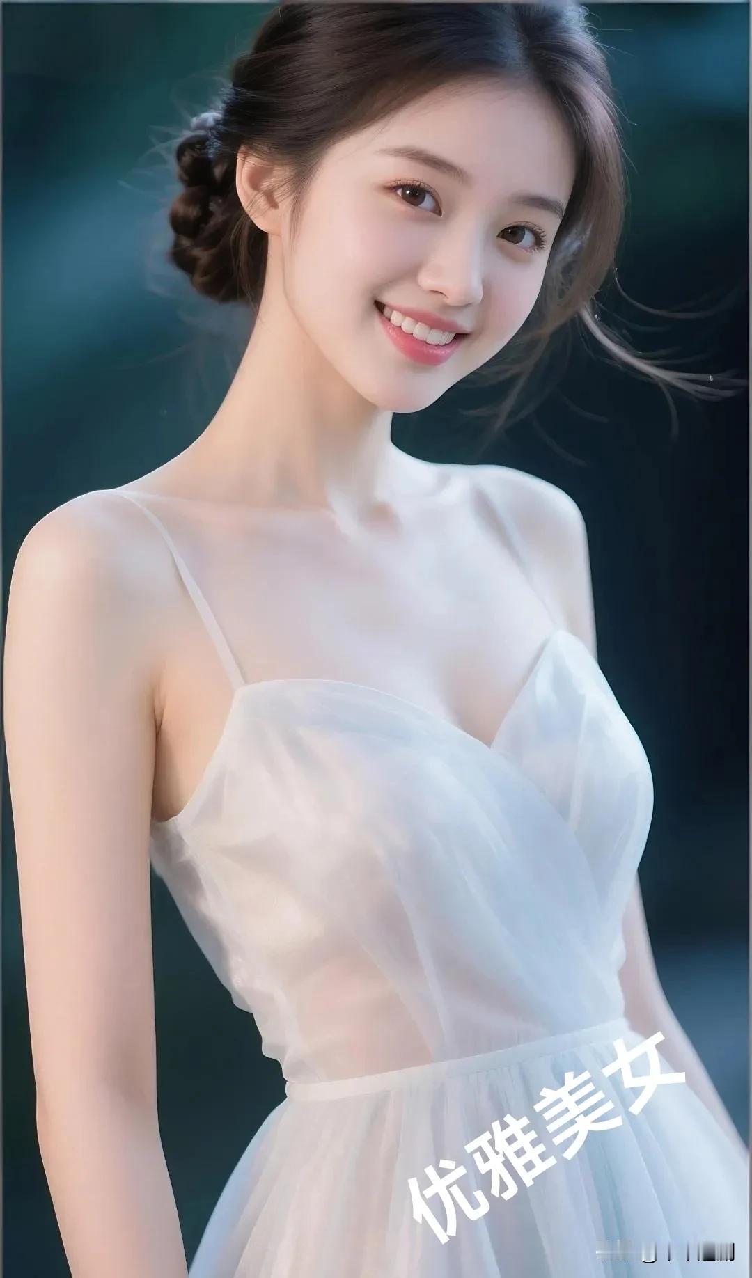 一袭白纱似月光织就，发髻轻挽，笑意温柔。她是夜色里的优雅诗篇，将从容与明媚揉进每