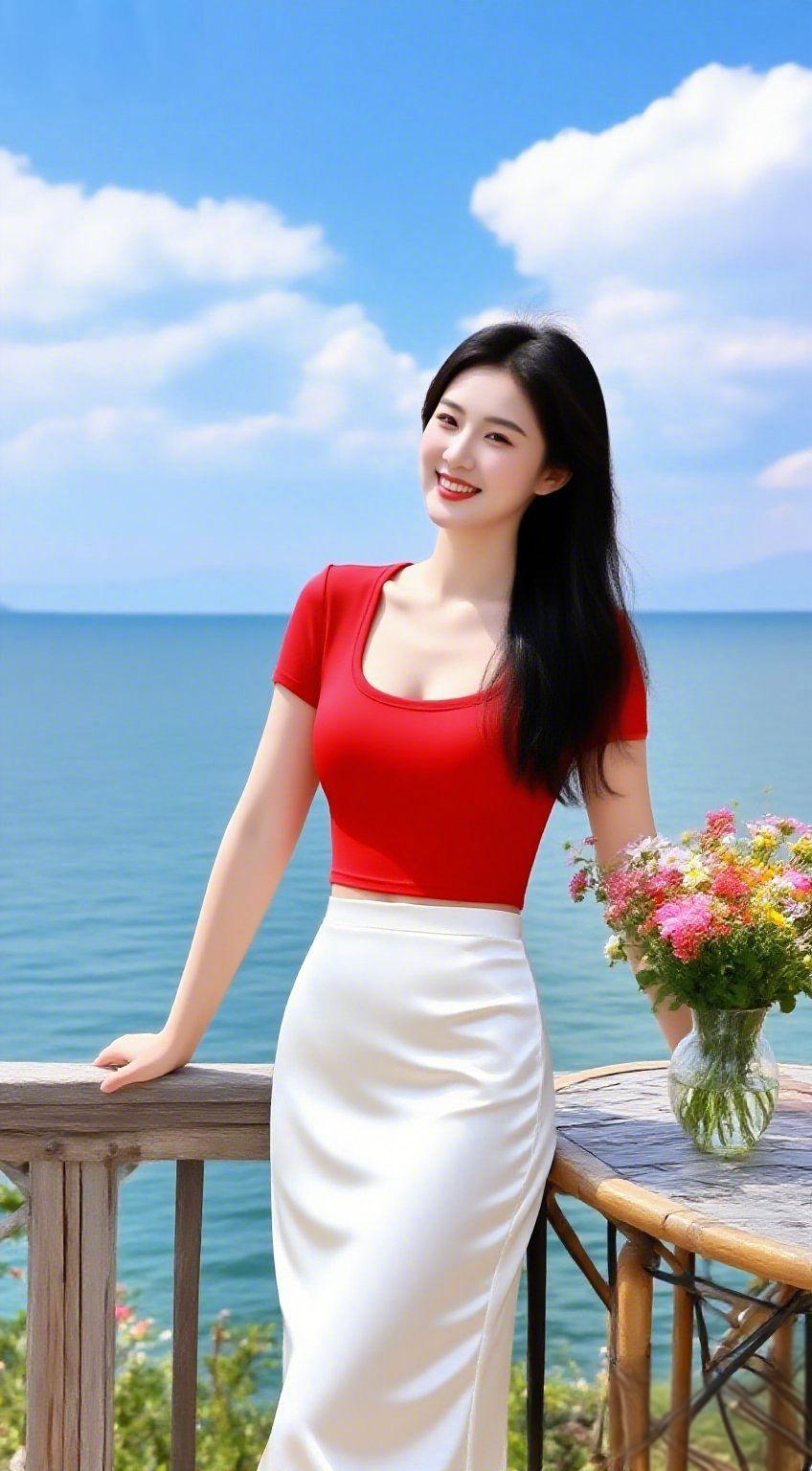 碧海晴光映佳人海风轻拂，带着海的清冽，掠过她的长发与衣袂。澄澈的蓝天缀着蓬