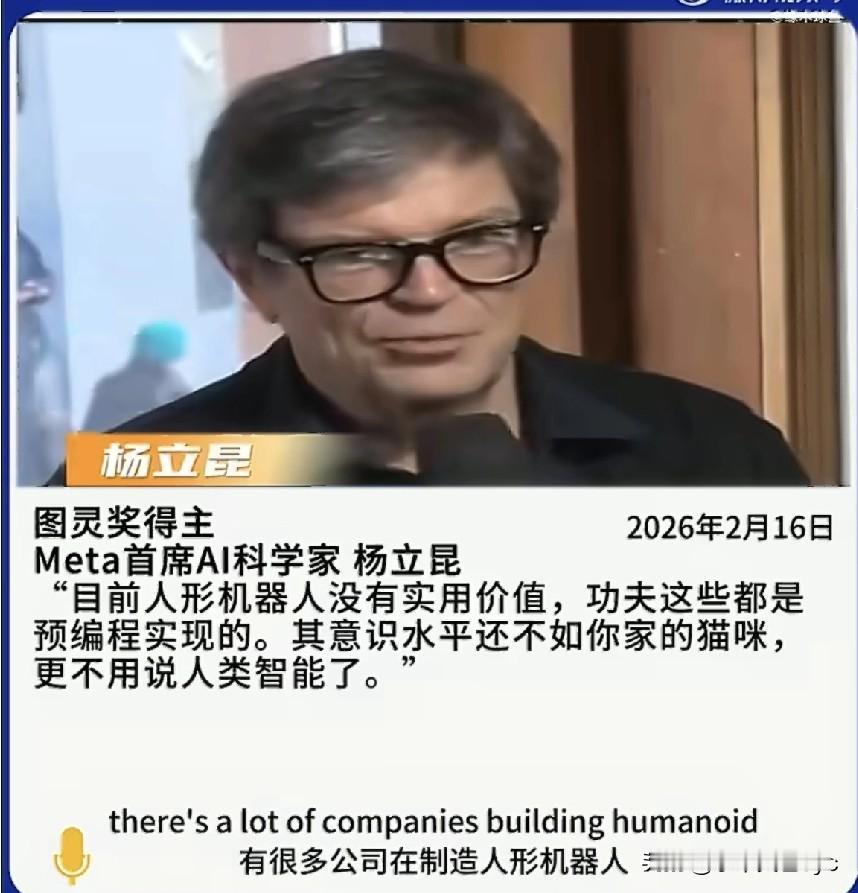 Meta首席AI科学家杨立昆：“目前人形机器人没有实用价值，功夫这些都是预编程实