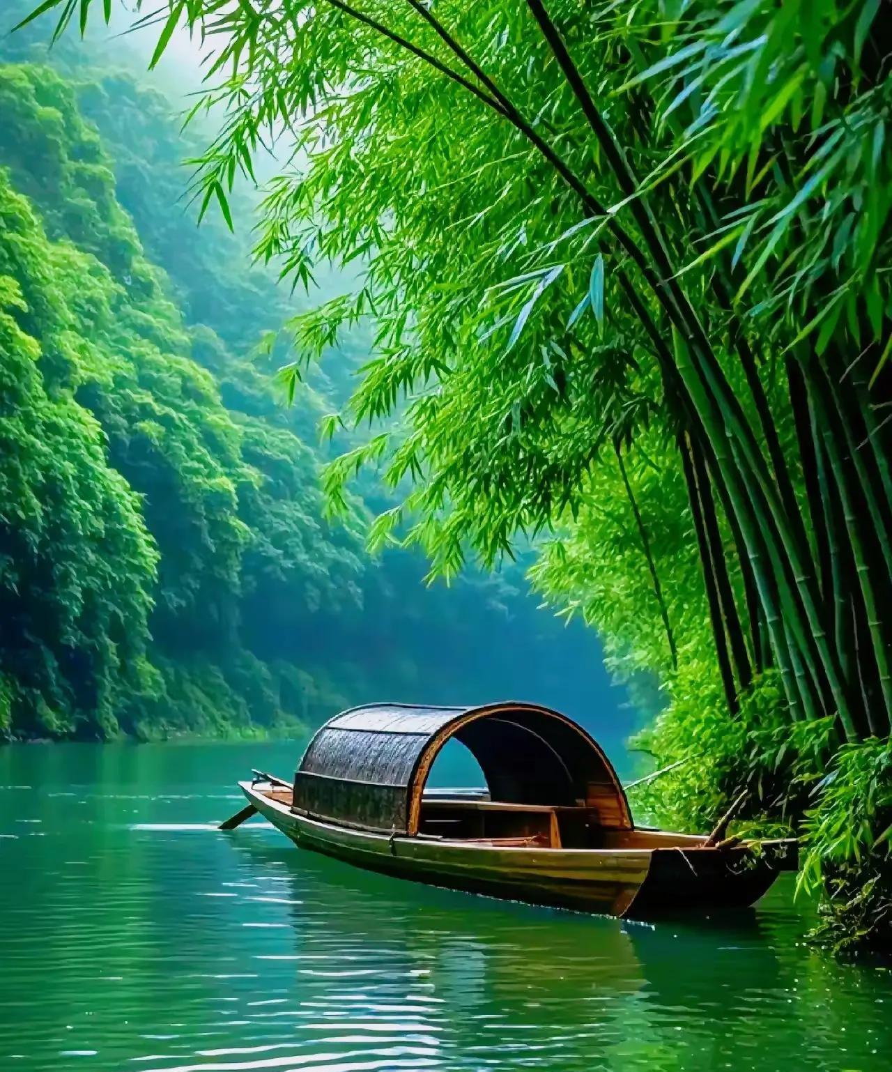 七绝·山水快乐文/方立新山青水秀一扁舟，翠竹清心没苦愁。两岸风光无限好，