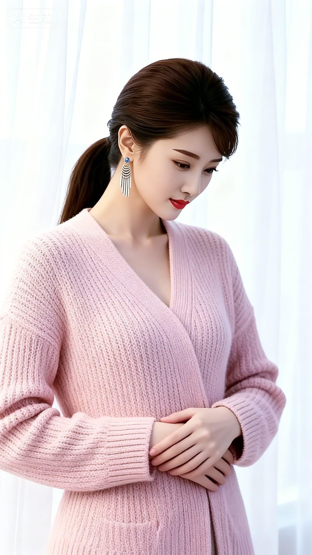 温柔粉毛衣搭配优雅耳环，尽显冬日暖意