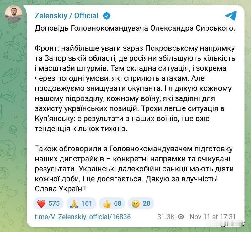 【泽连斯基：大雾天气更利于俄军在波克罗夫斯克与扎波罗热发起攻势】11月11日