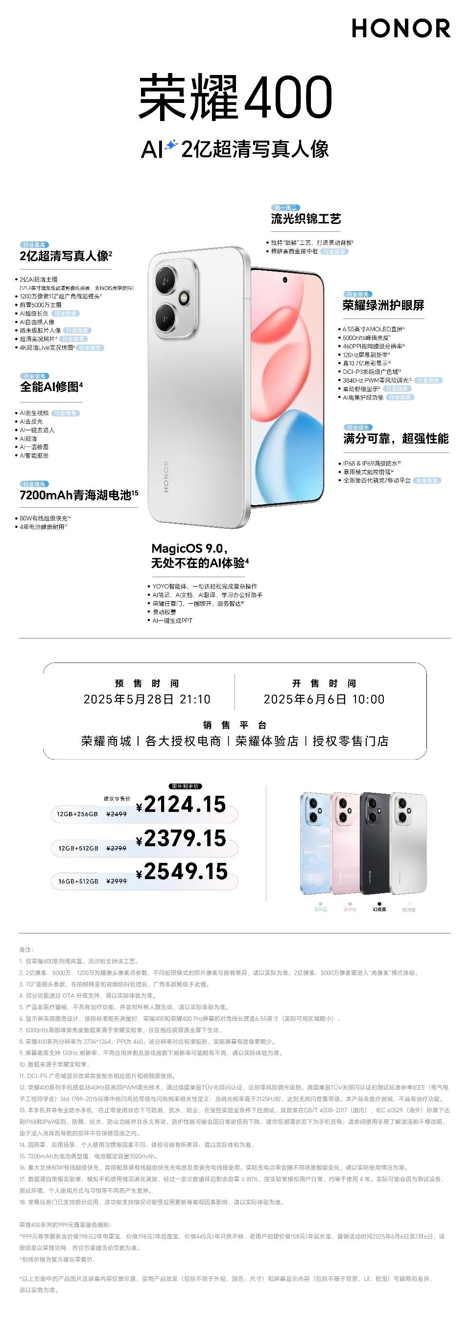 一图读懂荣耀400系列，五大维度实力突破，冠绝档位存在！2亿超清写真人像，
