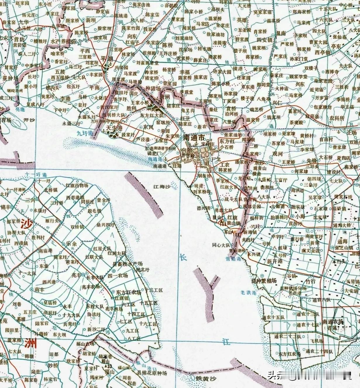 1978年江苏省南通市分公社地形地图。南通市地形上除了长江边的狼山、军山两座10