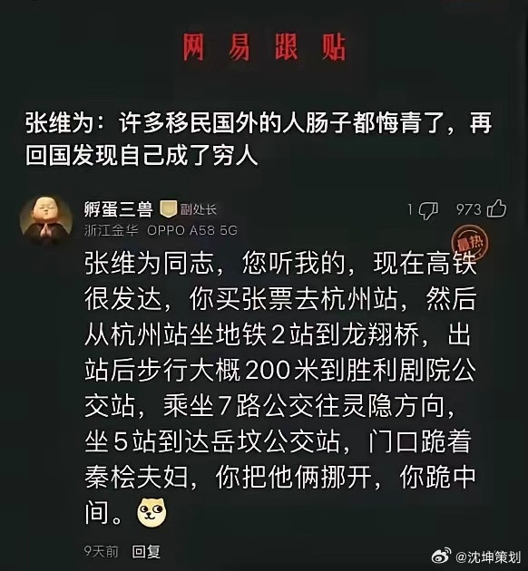 张维为：许多移民国外的人肠子都悔青了，再回国发现成了穷人！然后有一个回帖简直是神