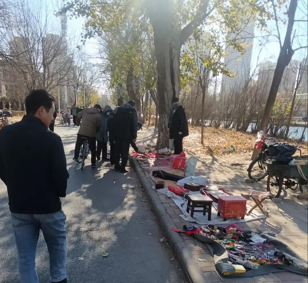 天津月牙河旧物市场六十岁大姐把金色鳄鱼摆件三十块卖给七十岁大爷。清明假期人多，