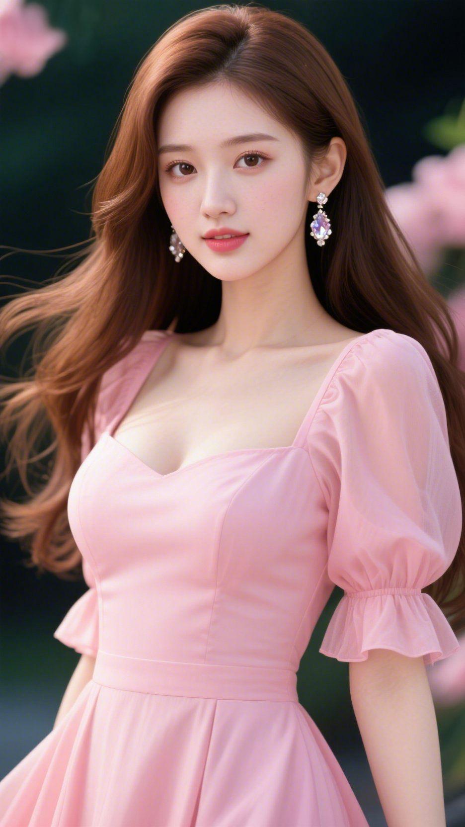 粉裙栖春风裹着晚樱的软意掠过肩头，粉裙的褶皱随步履轻漾，像揉开的云絮落了满