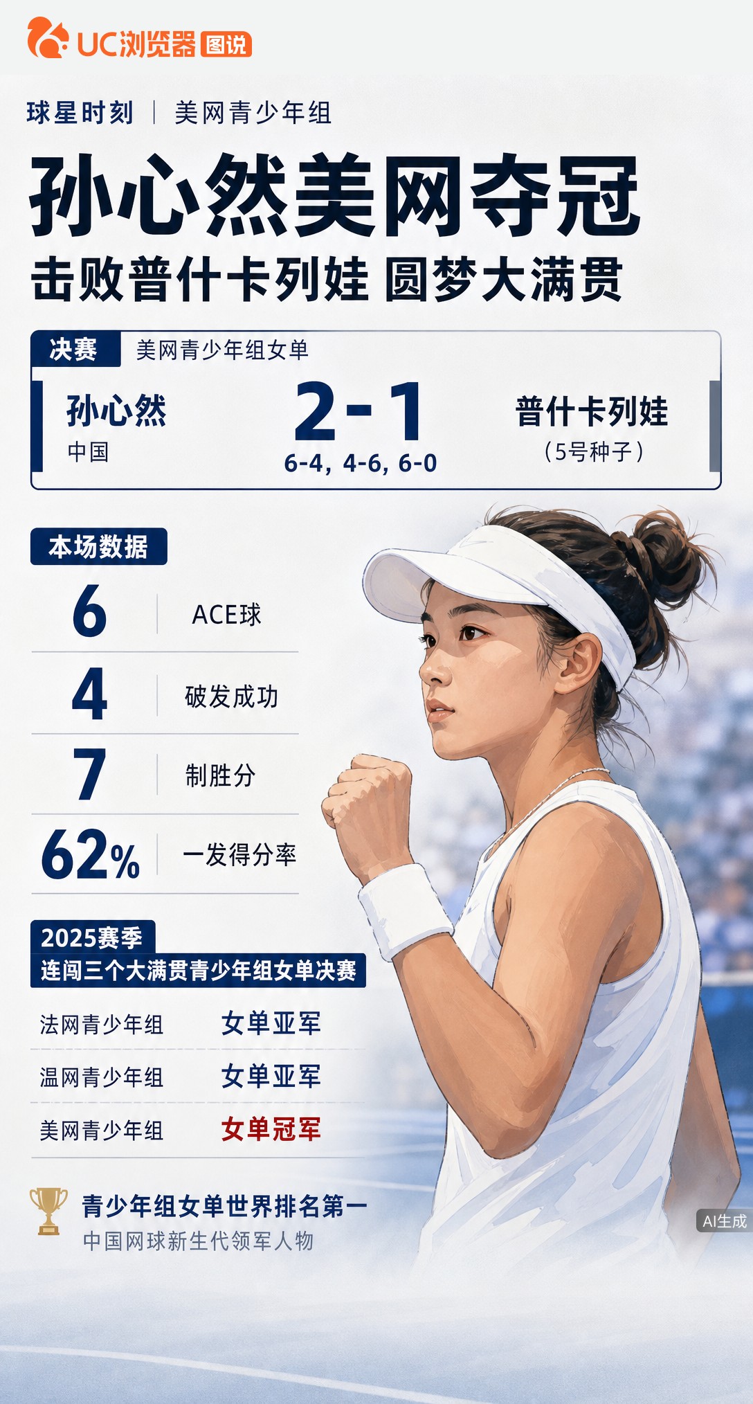 连输两次决赛后，孙心然美网决胜盘6-0横扫复仇普什卡列娃！今年三进大满贯青少年组决赛终圆梦，这位“小