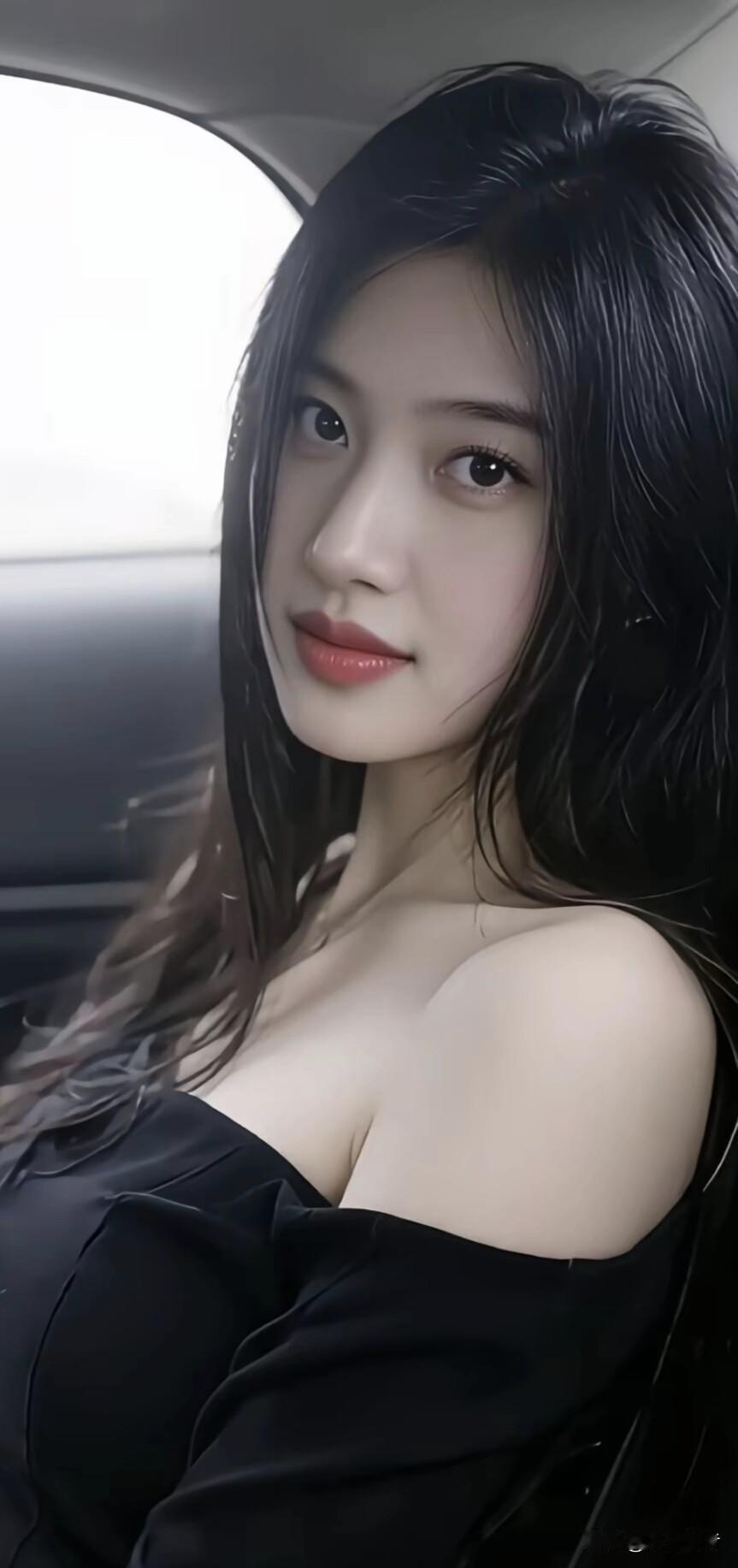 车中空间逼仄，美人的风姿更易引人瞩目。红唇微绽，仿若有一缕暗香悄然萦绕，让周遭的