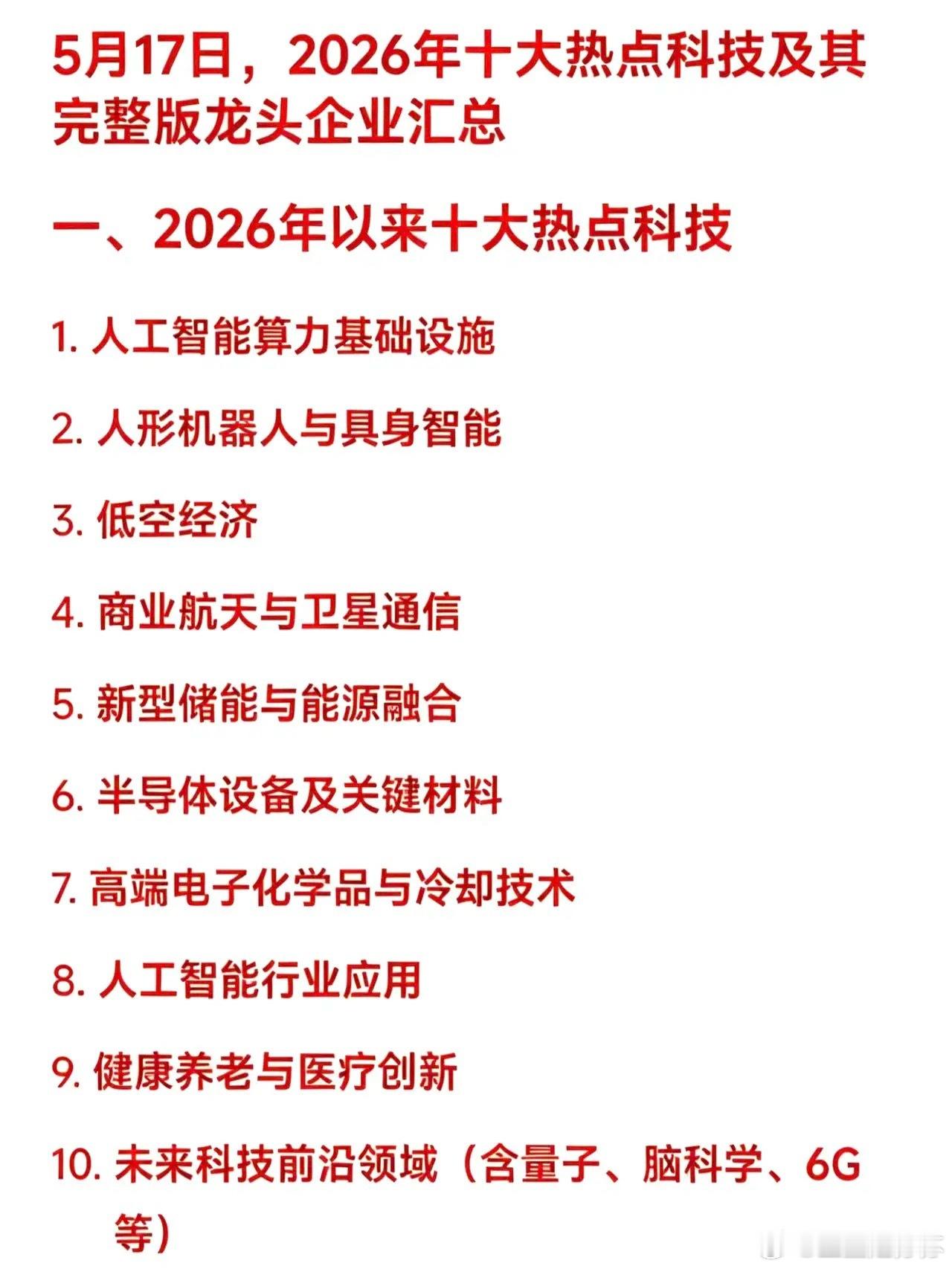 5月17日，2026年十大热点科技及其完整版龙头企业汇总一、2026年以来十大热