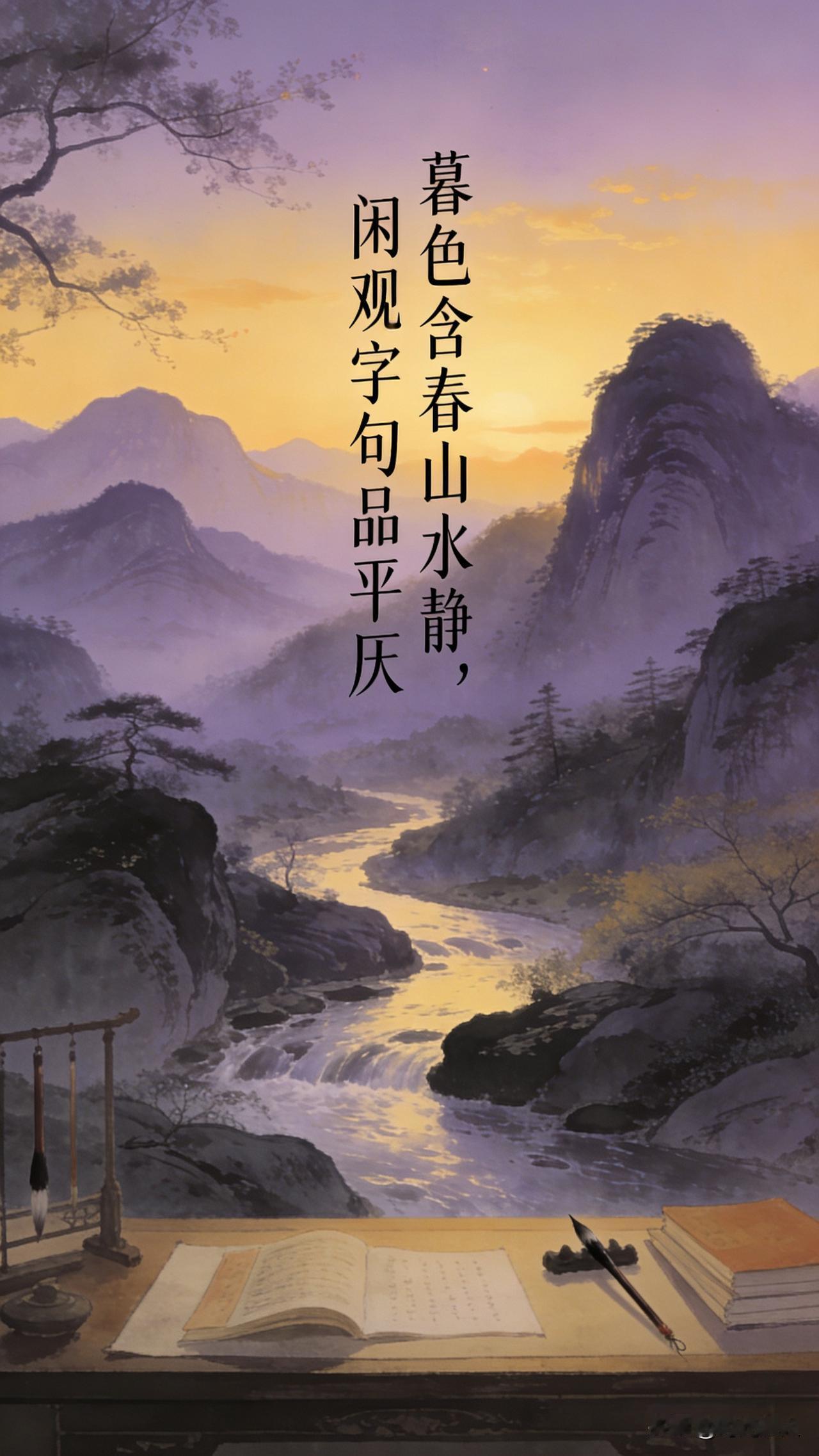 暮色含春山水静，闲观字句品平仄。日暮闲来赏古韵，偏爱文字里藏的山水心意，