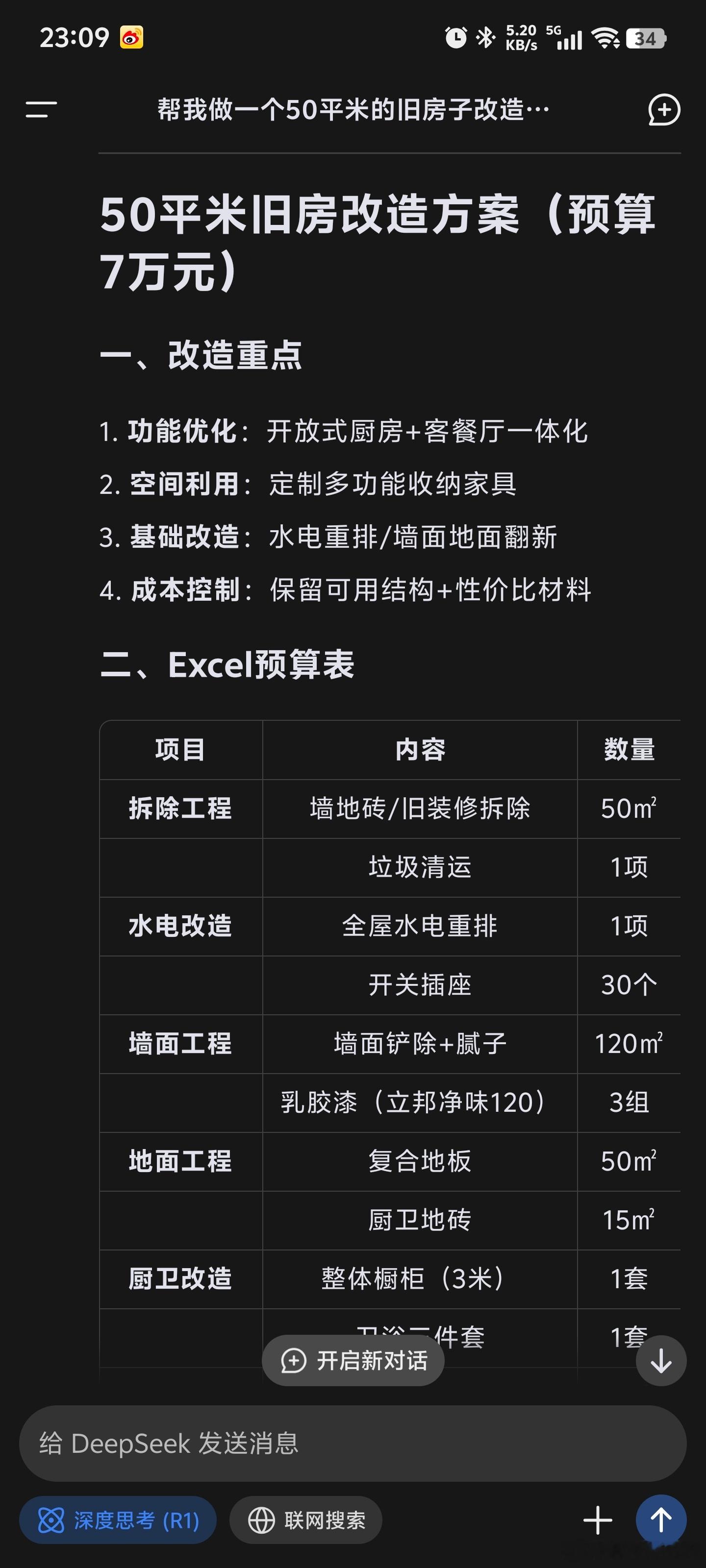 DeepSeek帮我做一个50平米的旧房子改造方案，预算7万，需要详细的落地方