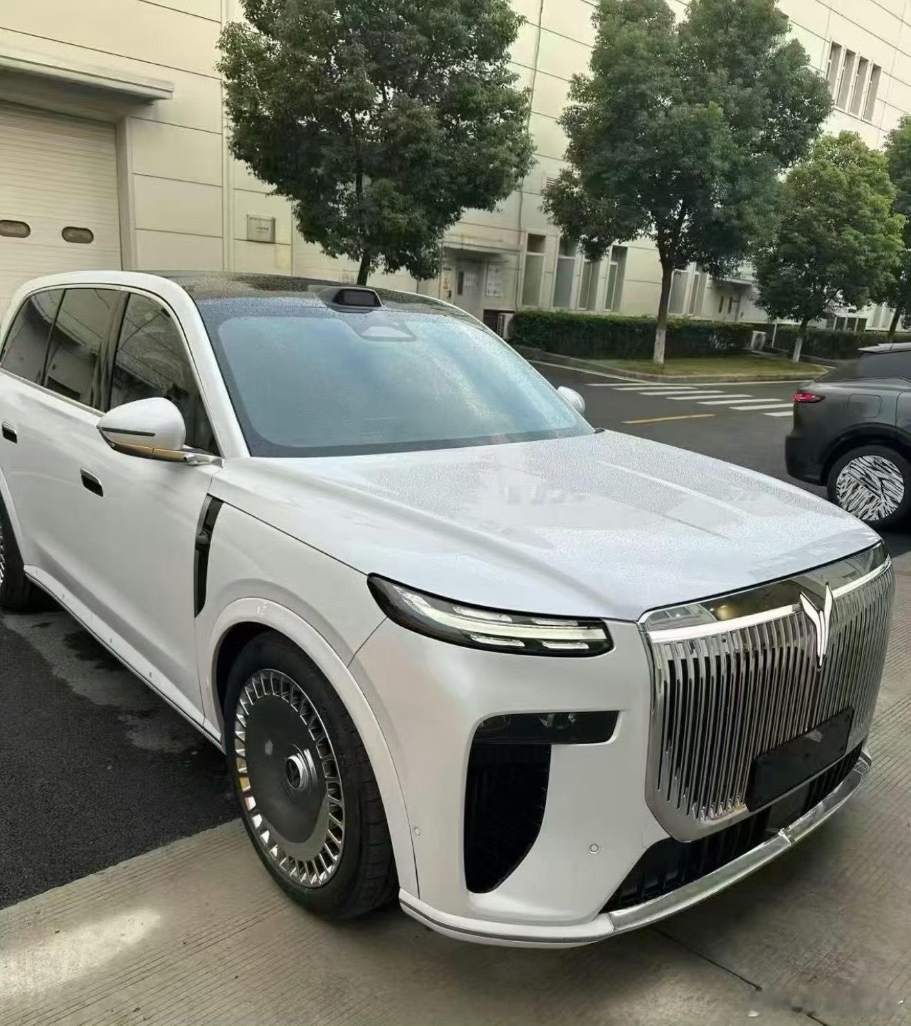 岚图泰山白色实车配合这大饼轮毂更显大了极氪9X是那种犀利硬朗的外观，泰山也加了一