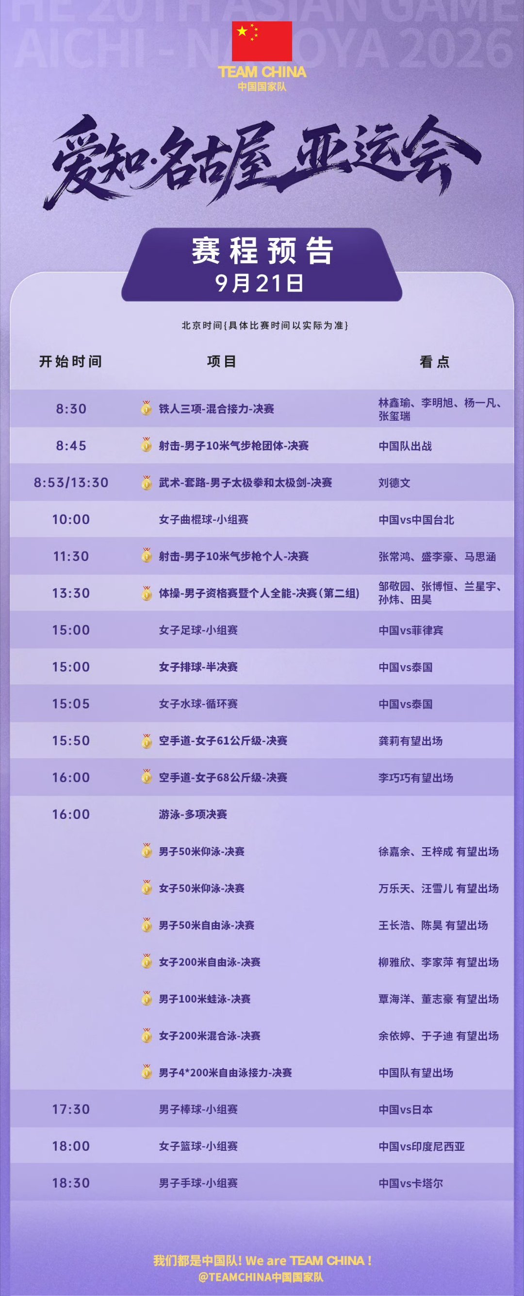 亚运会9月21日赛程，第2个决赛日将角逐出18枚金牌🥇亚运会亚运会亚运