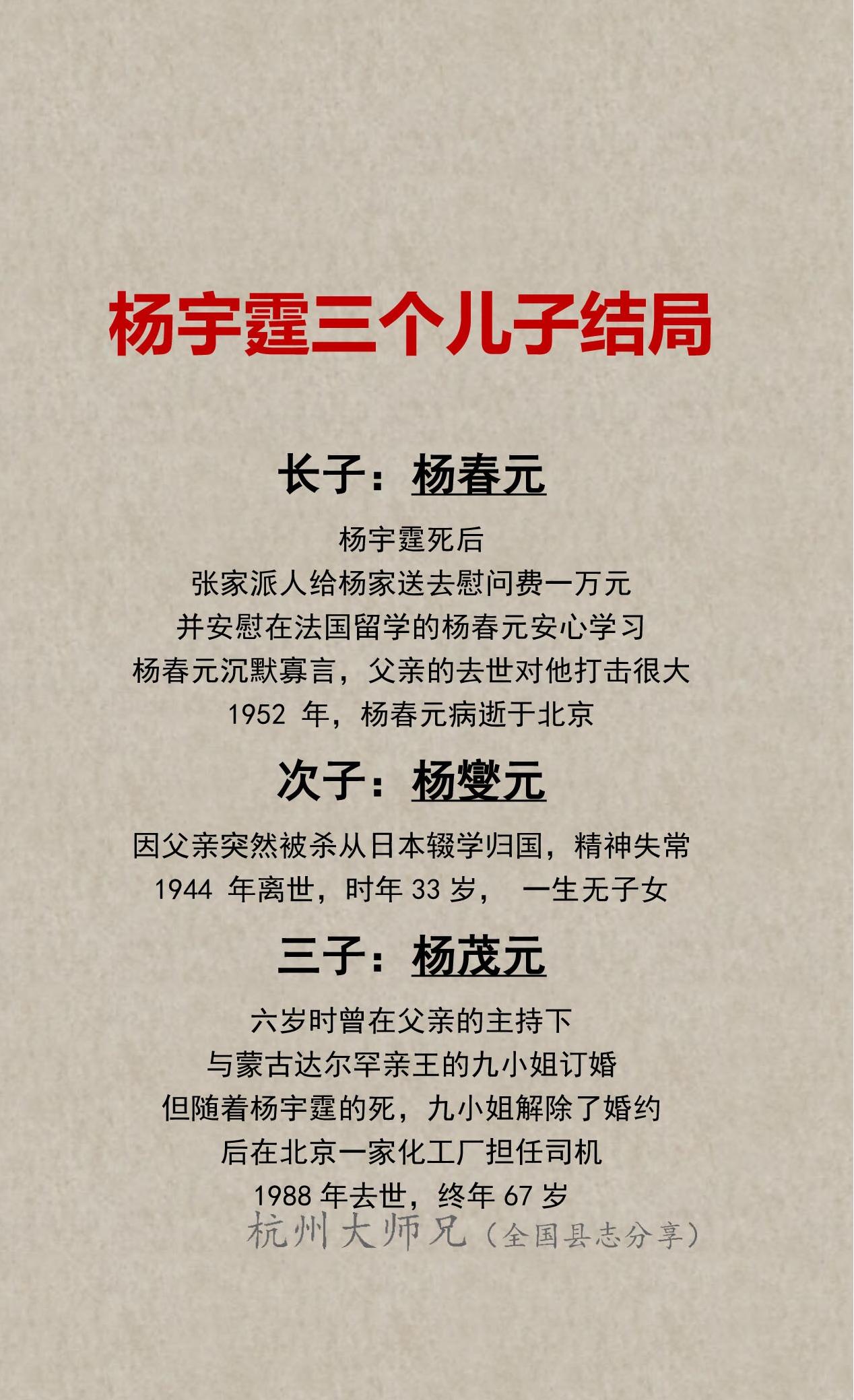 杨宇霆三个儿子的结局！