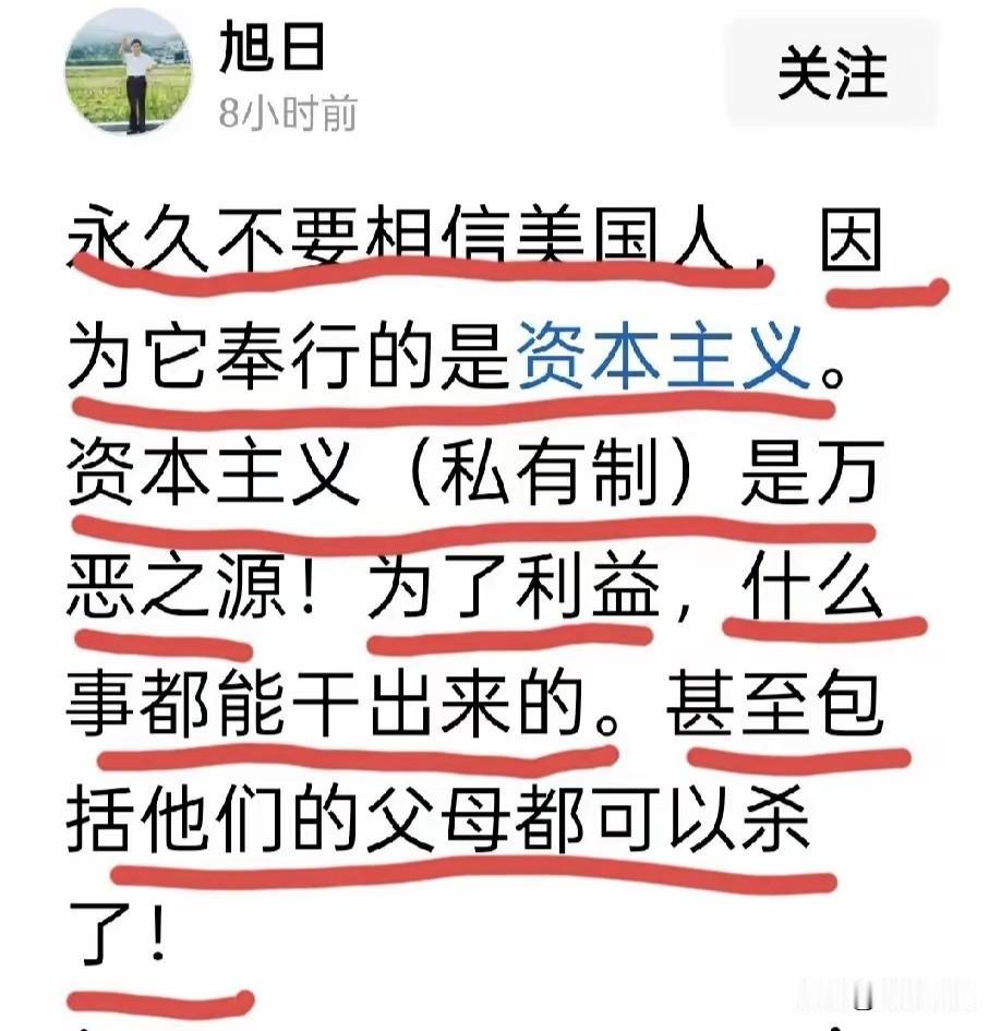网友:永久不要相信美国人，因为它奉行资本主义！资本主义私有制是万恶之源，为了利益