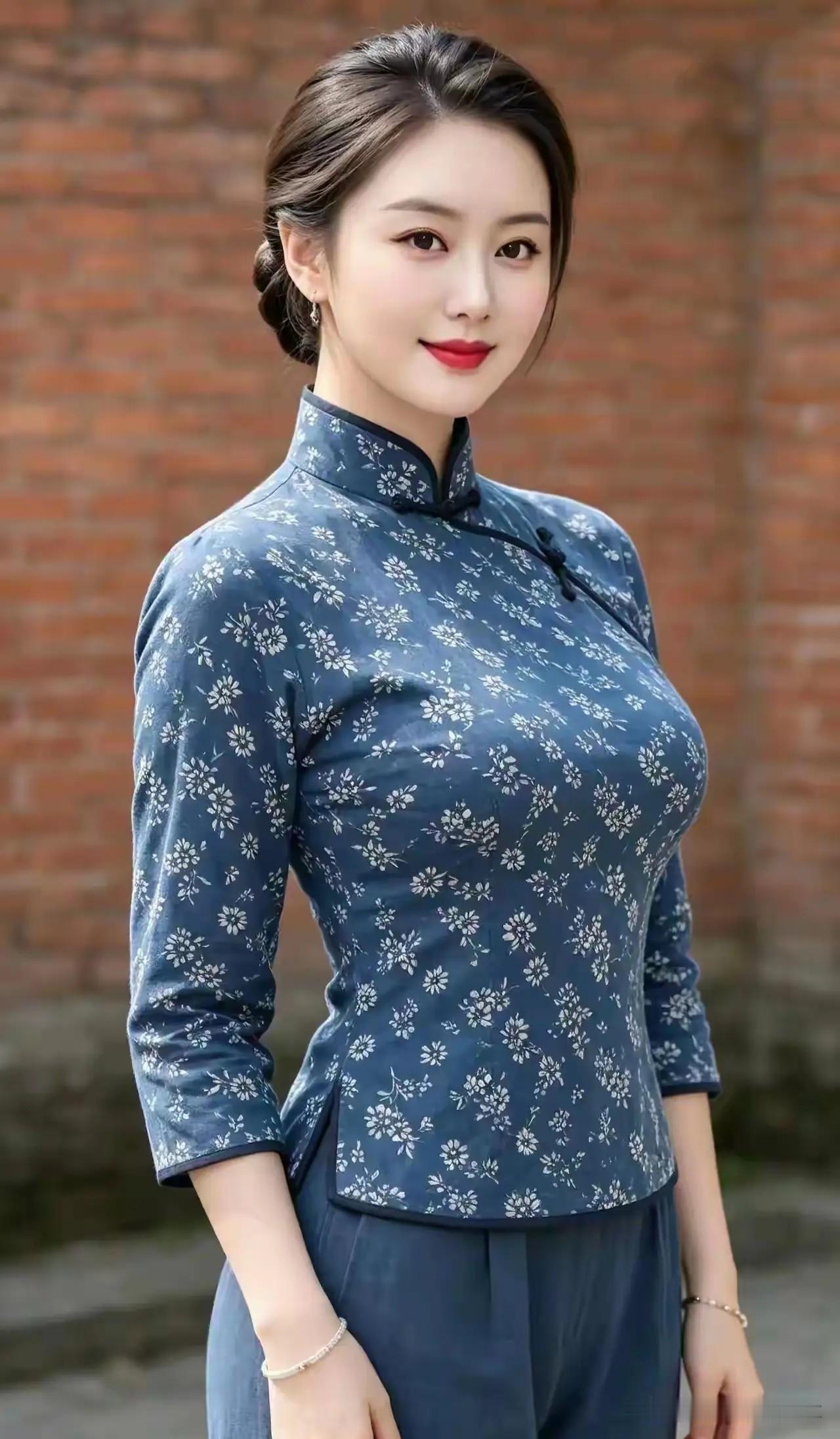 踏莎行·布衫韵青瓦凝光，砖墙留古，蓝衫碎雪清风度。云鬟轻绾敛芳华，嫣然一