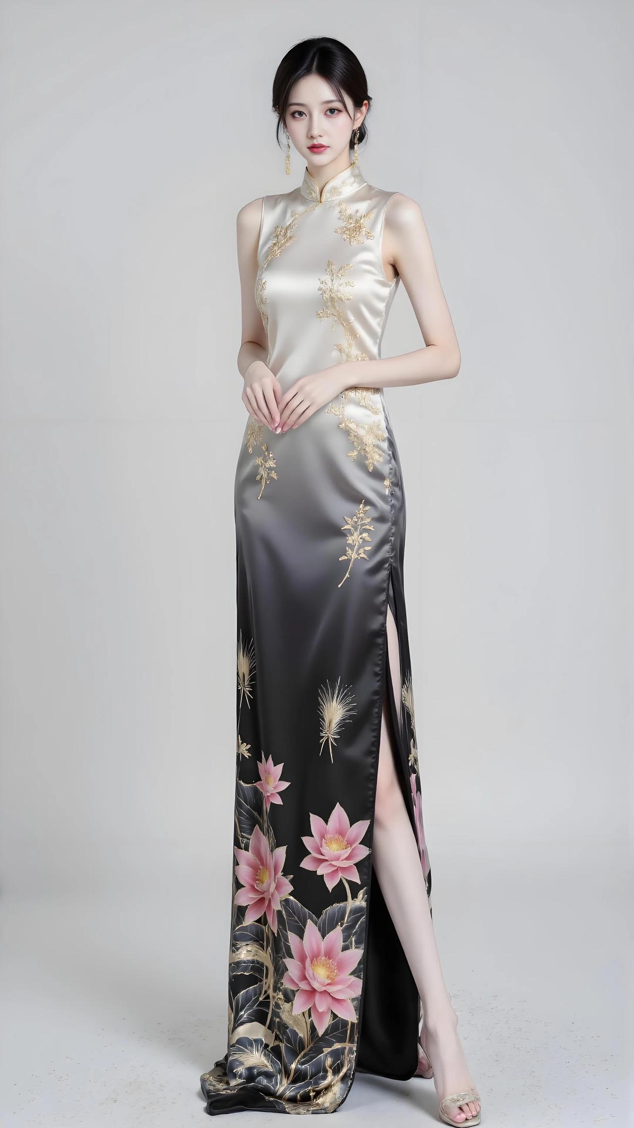 渐变烟纱笼月华，金枝绣影绾流霞。玉纤交叠含幽韵，立尽东风一径斜。藕荷凝露倚