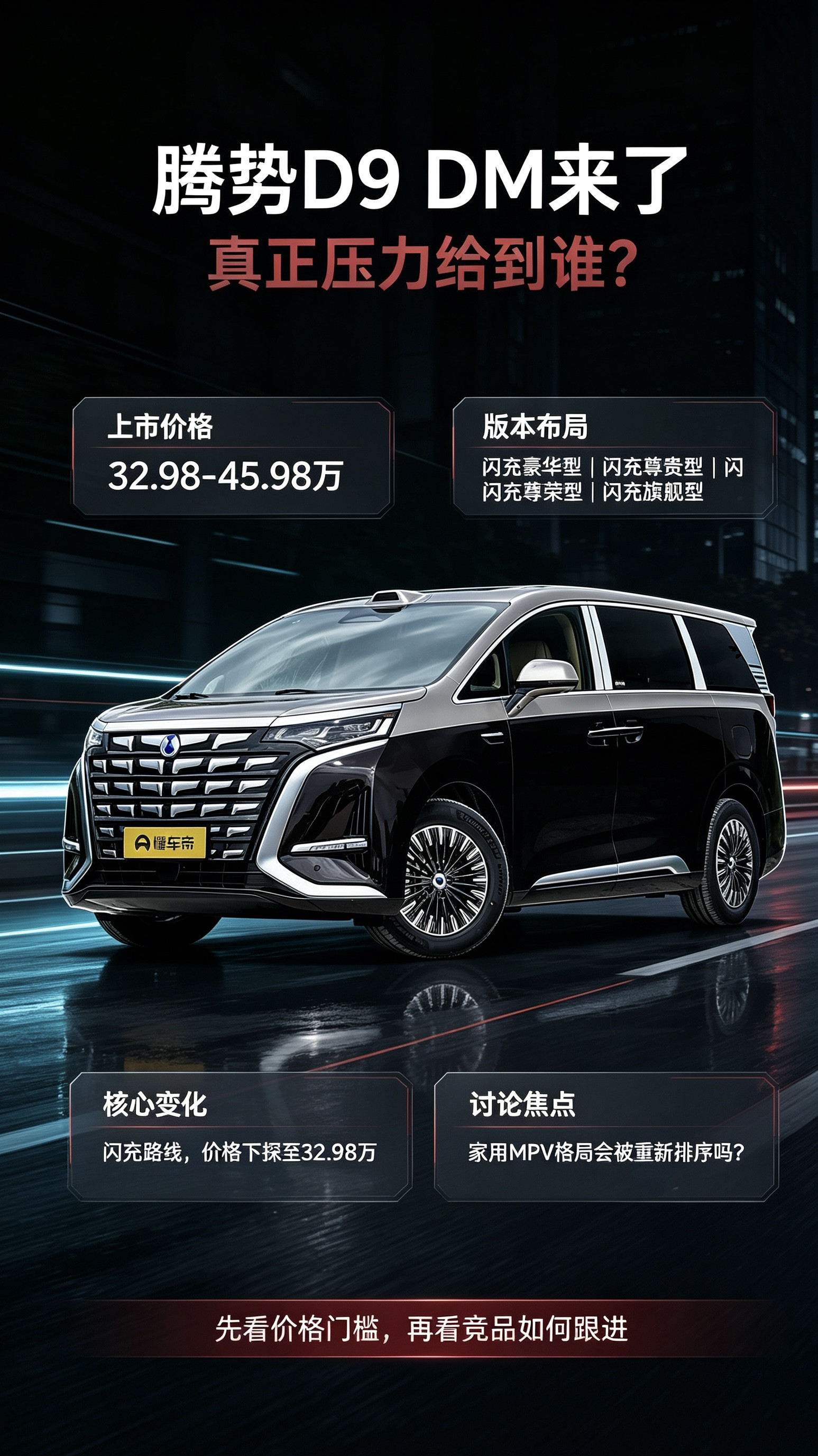 腾势D9DM价格32.98到45.98万。这次出的闪充版，入门价更低，家用商务都能兼顾。同级别GL8