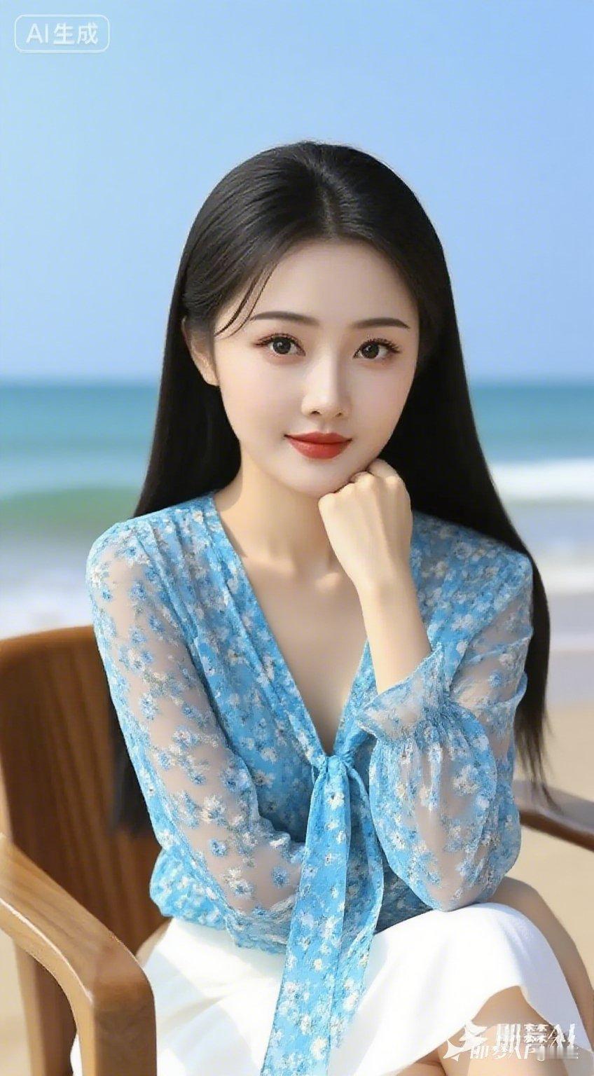 气质美女黑长直发精致五官，明眸长睫笑容温柔。身着天蓝色碎花V领薄纱飘带上衣，九分