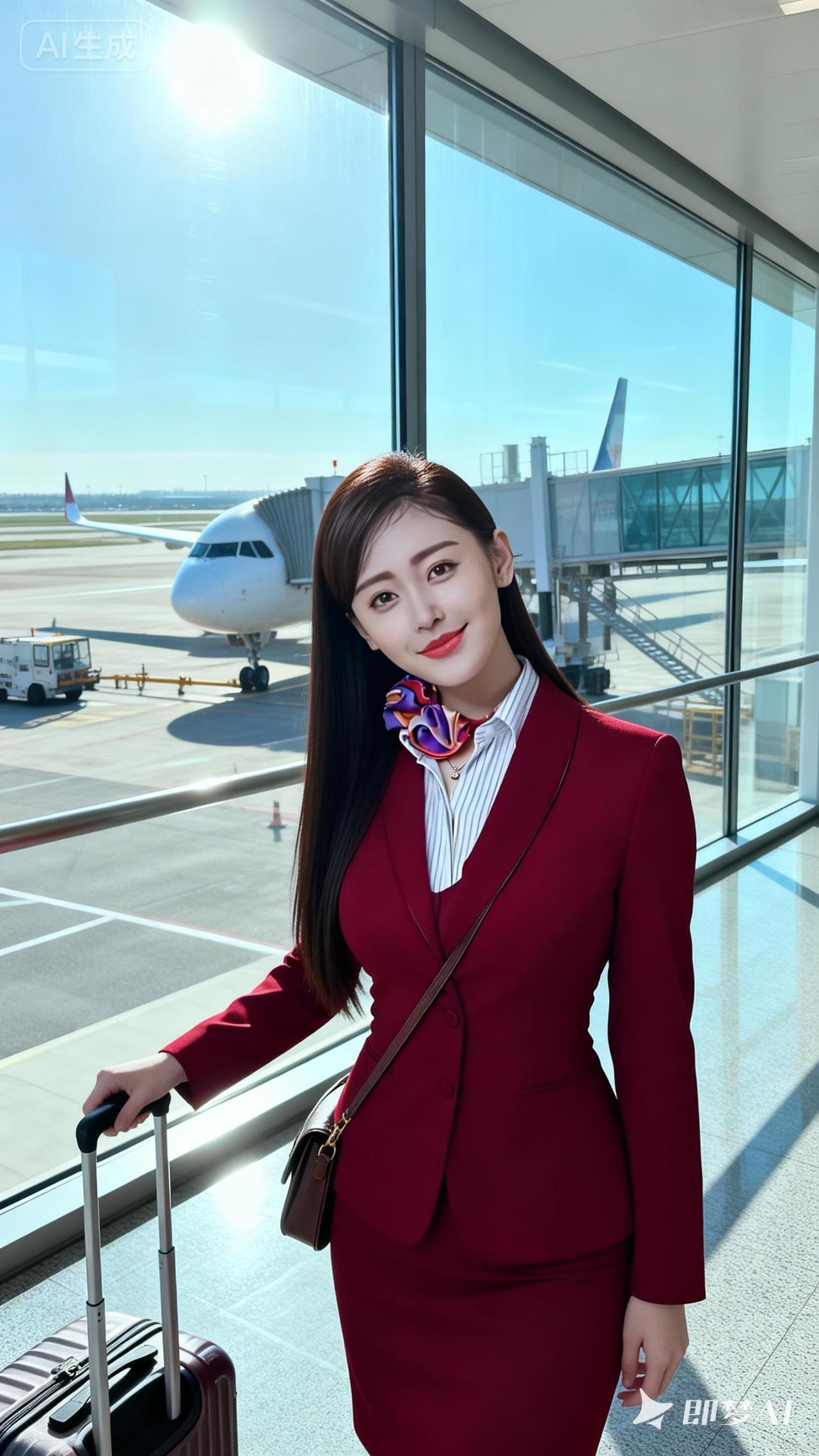 机场的时尚女郎，红衣配白衬衫，手提行李箱，微笑面对未来！