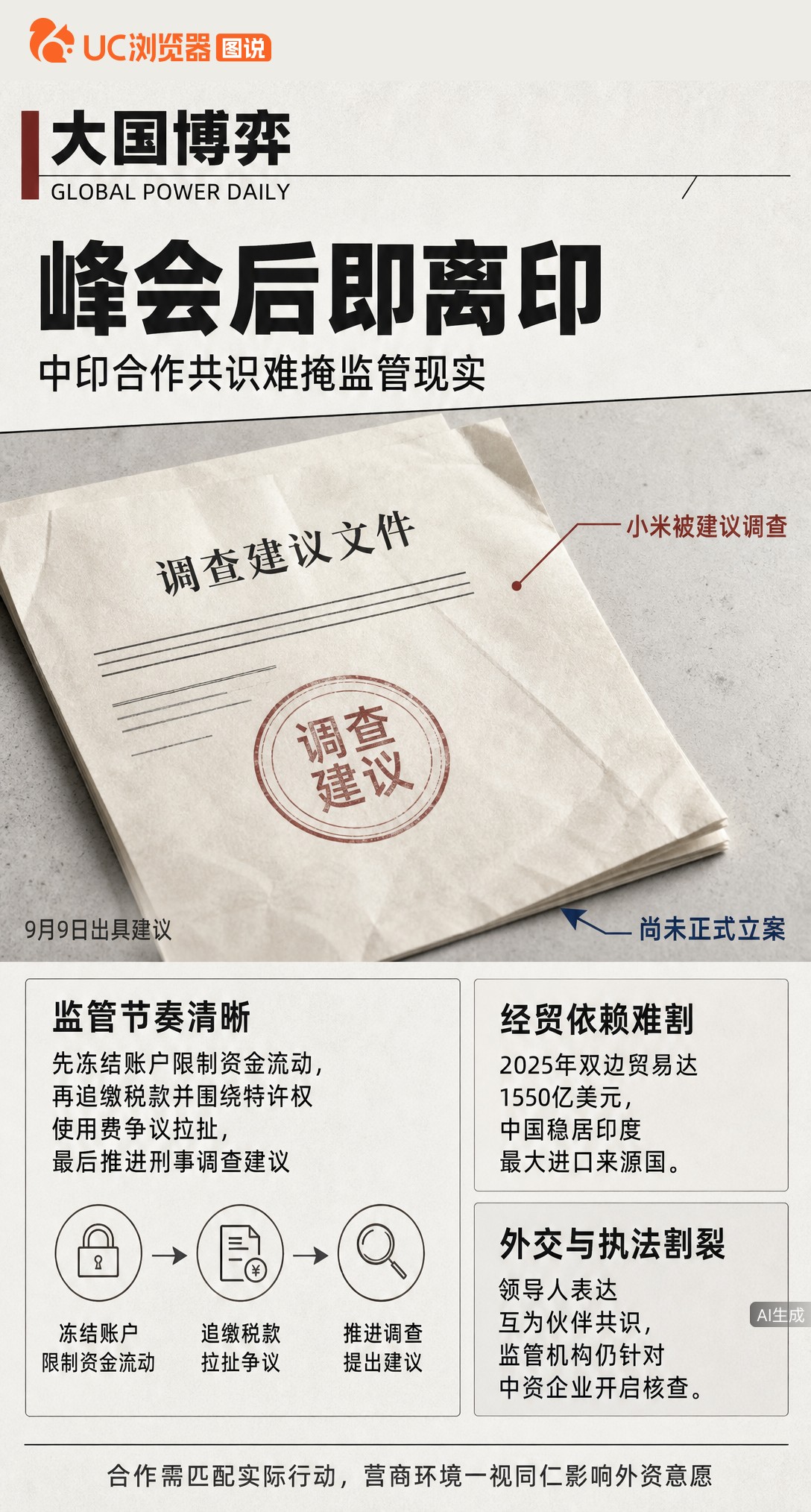 金砖峰会刚结束中方代表团就启程回国，没在印度多停留。莫迪虽释放合作信号，但印方机构同期建议调查小米，